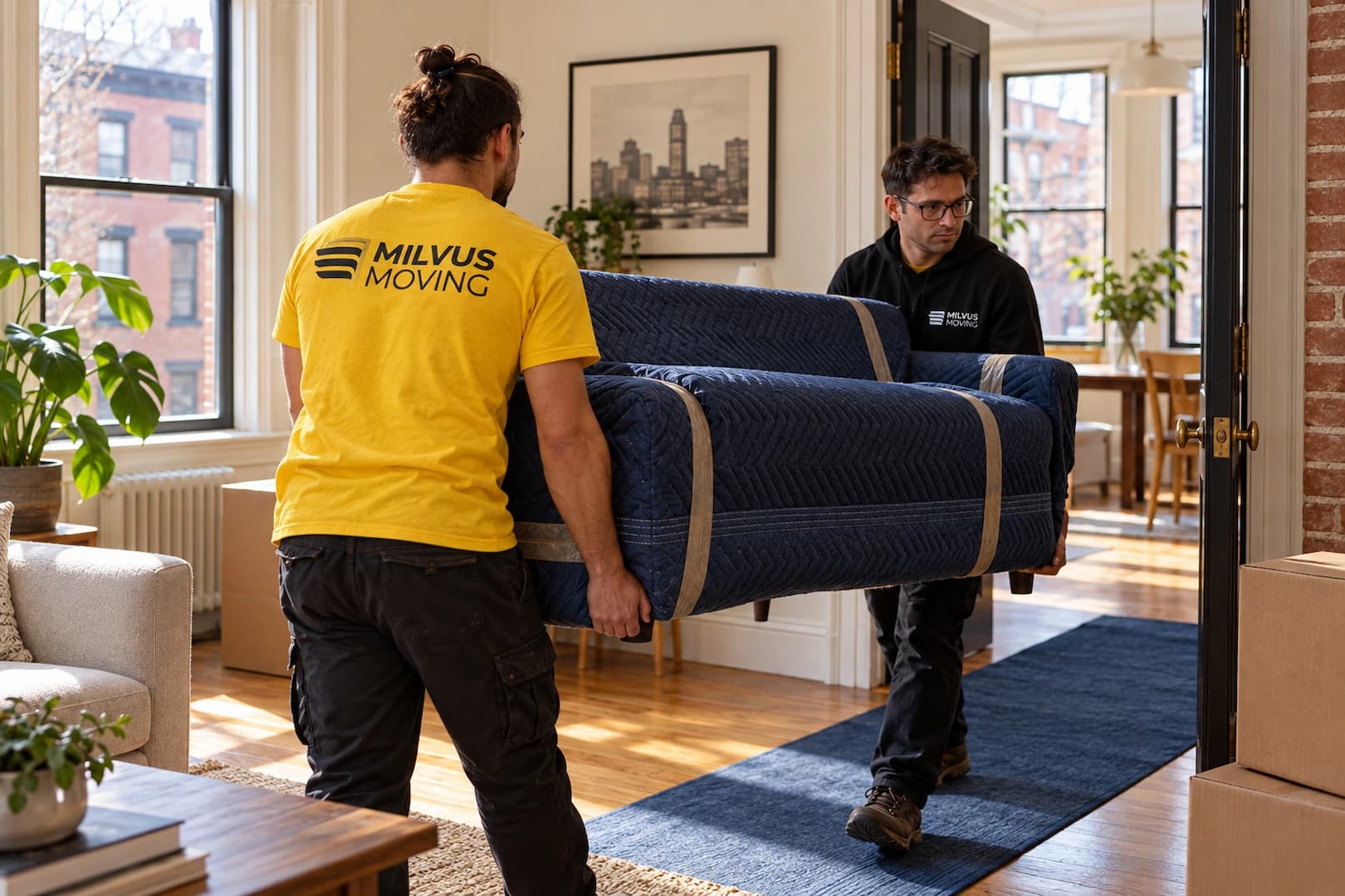 Movers carrying a blanket-wrapped sofa across a protected apartment floor