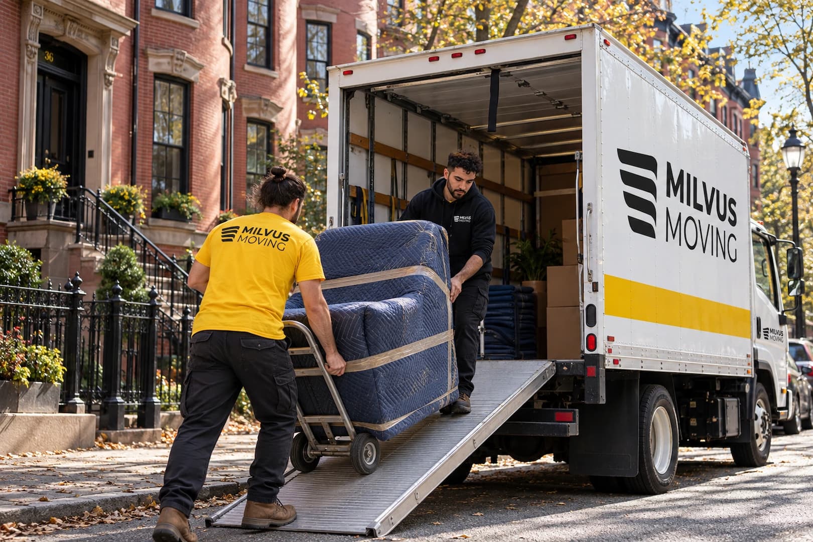 A Milvus Moving truck and protected furniture beside Boston brick townhouses