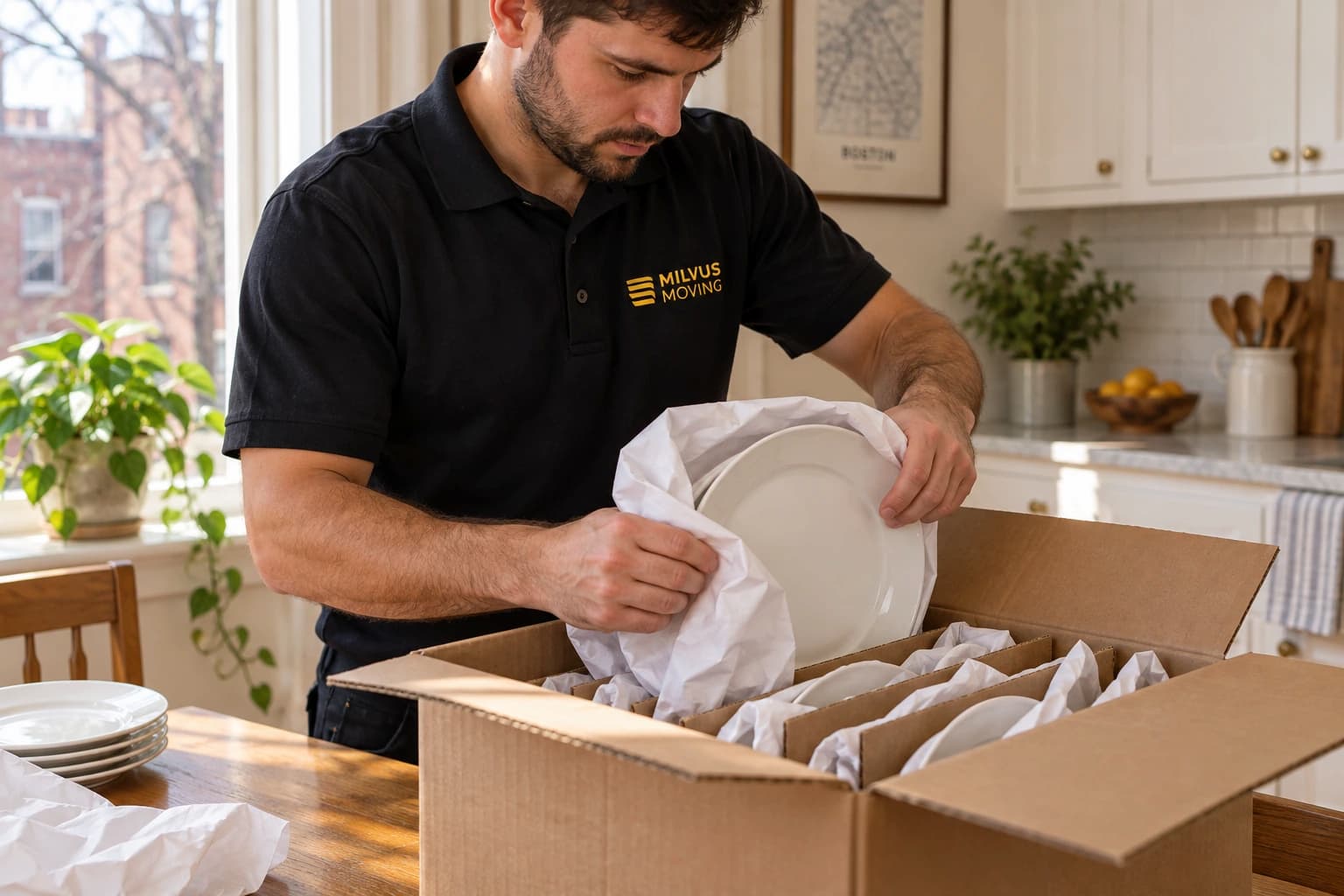 A mover wrapping dishes in packing paper and placing them in a divided carton