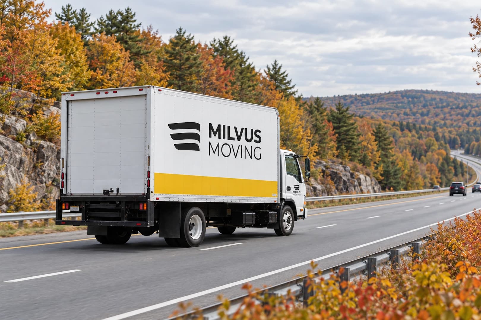 A branded Milvus Moving truck on a New England highway