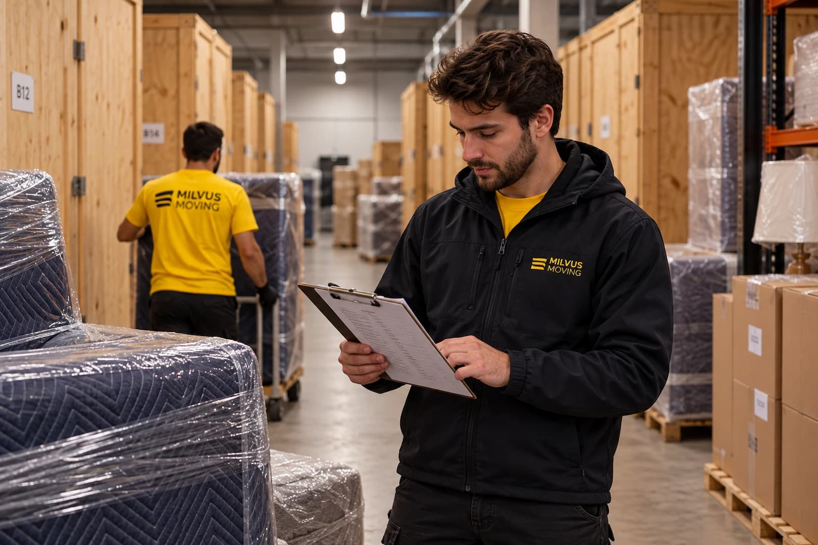 Protected furniture and boxed belongings arranged in a storage aisle