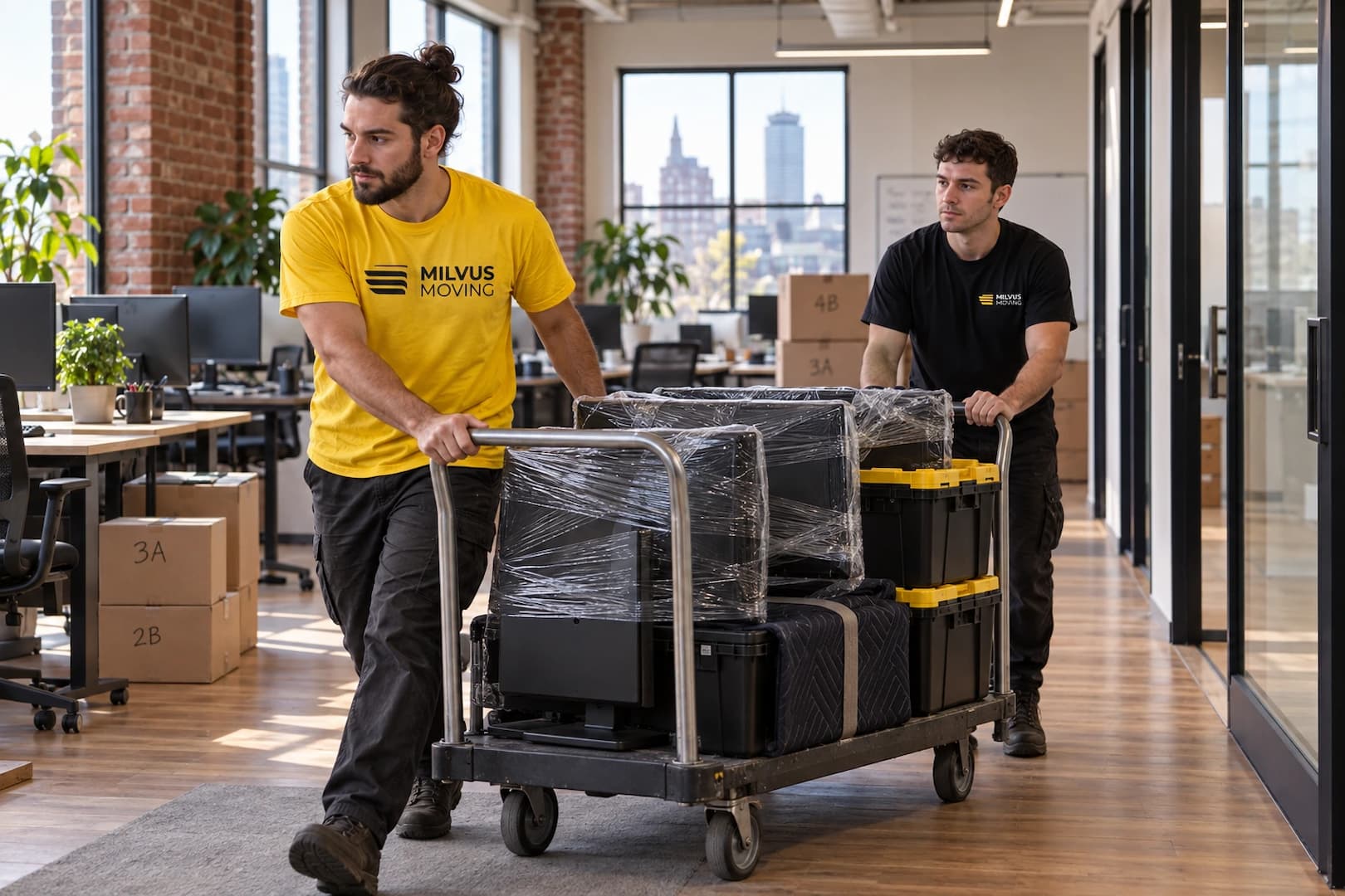 Movers transporting protected office equipment on a platform cart