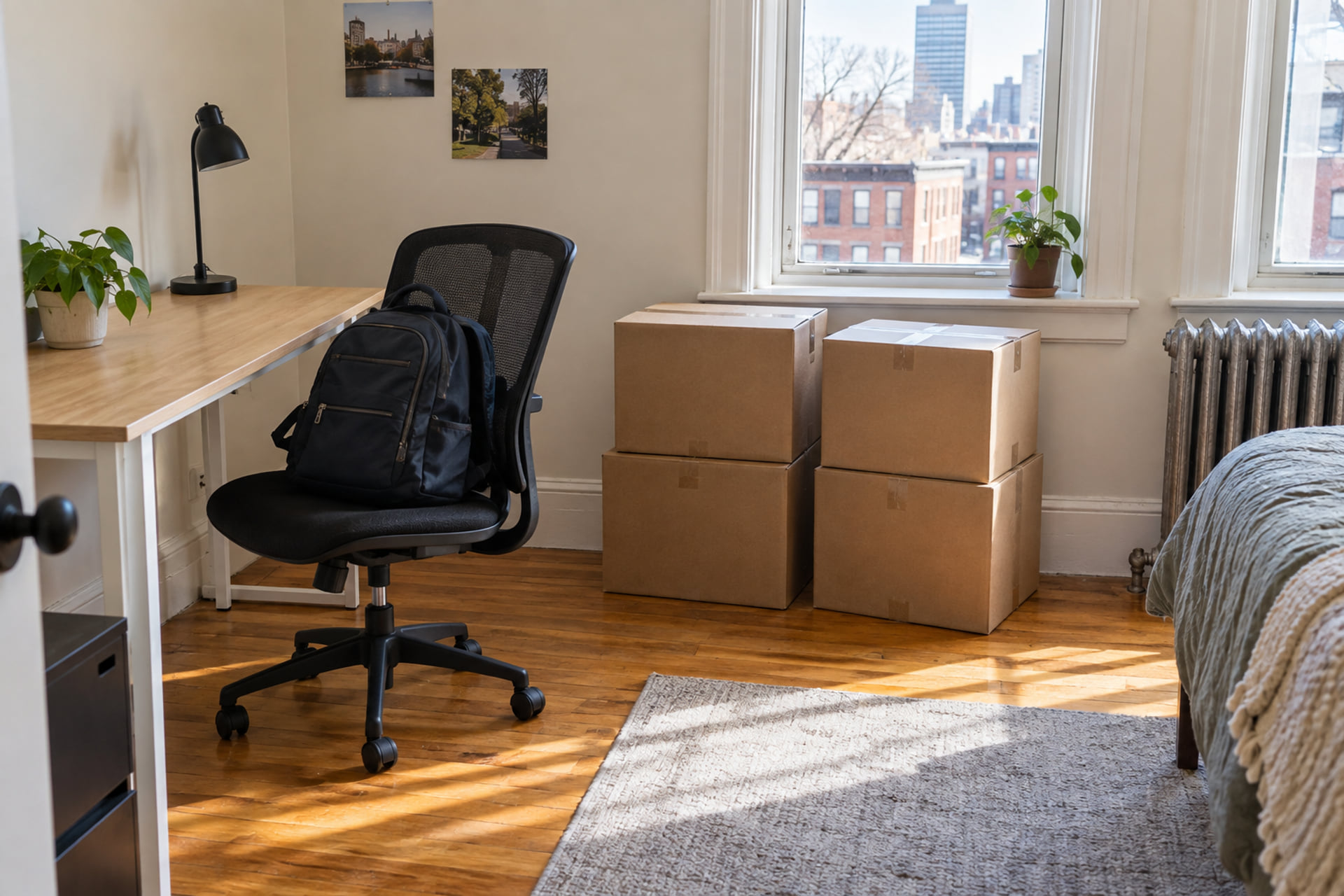 Compact desk, office chair, backpack and sealed cartons in an apartment