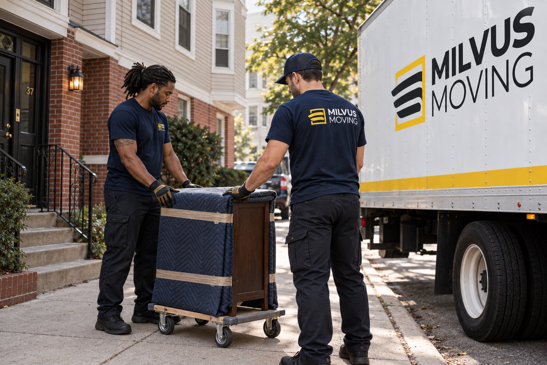 Two movers guiding a padded cabinet on a dolly beside a Milvus truck