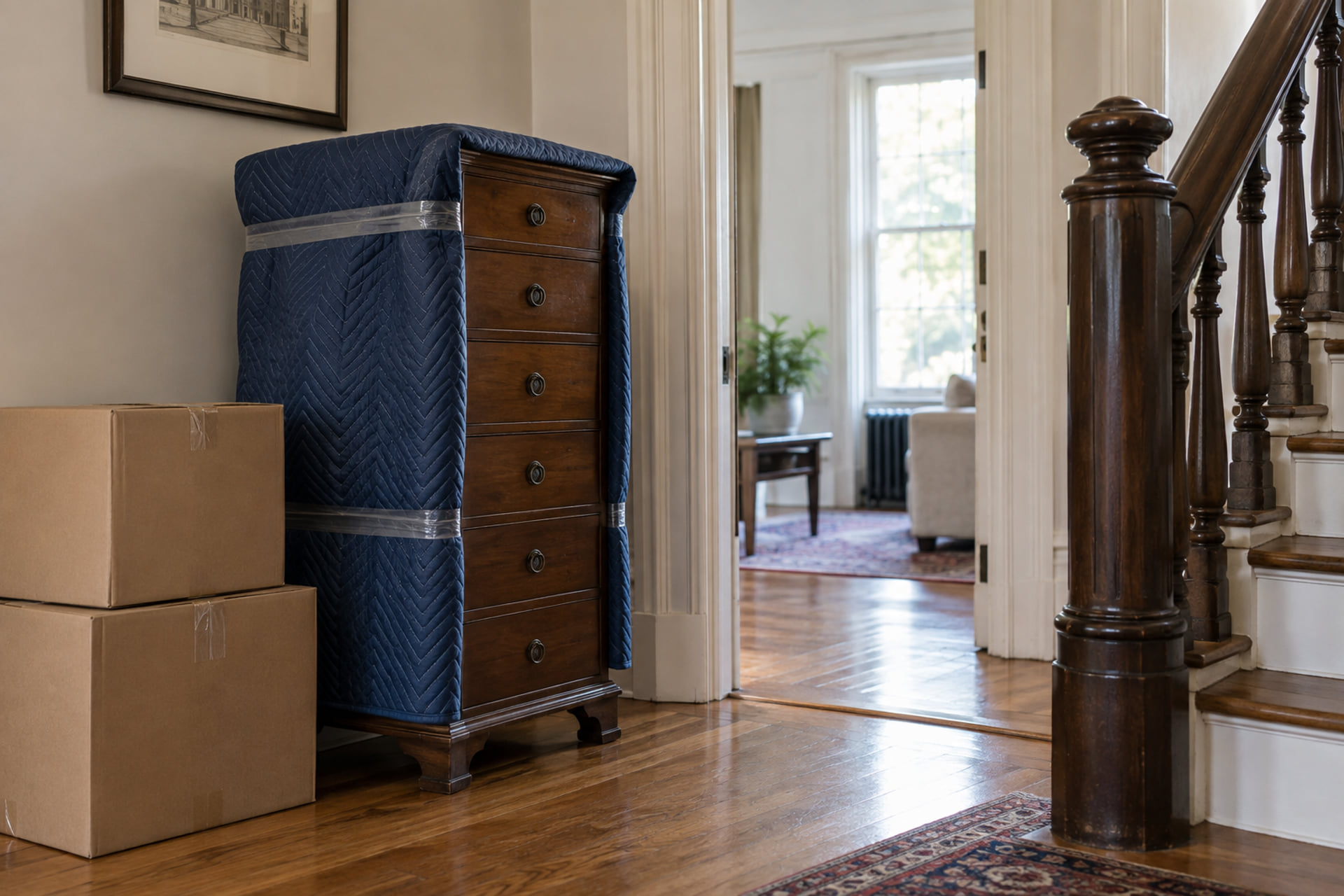 Partly padded chest of drawers and cartons beside a clear hall
