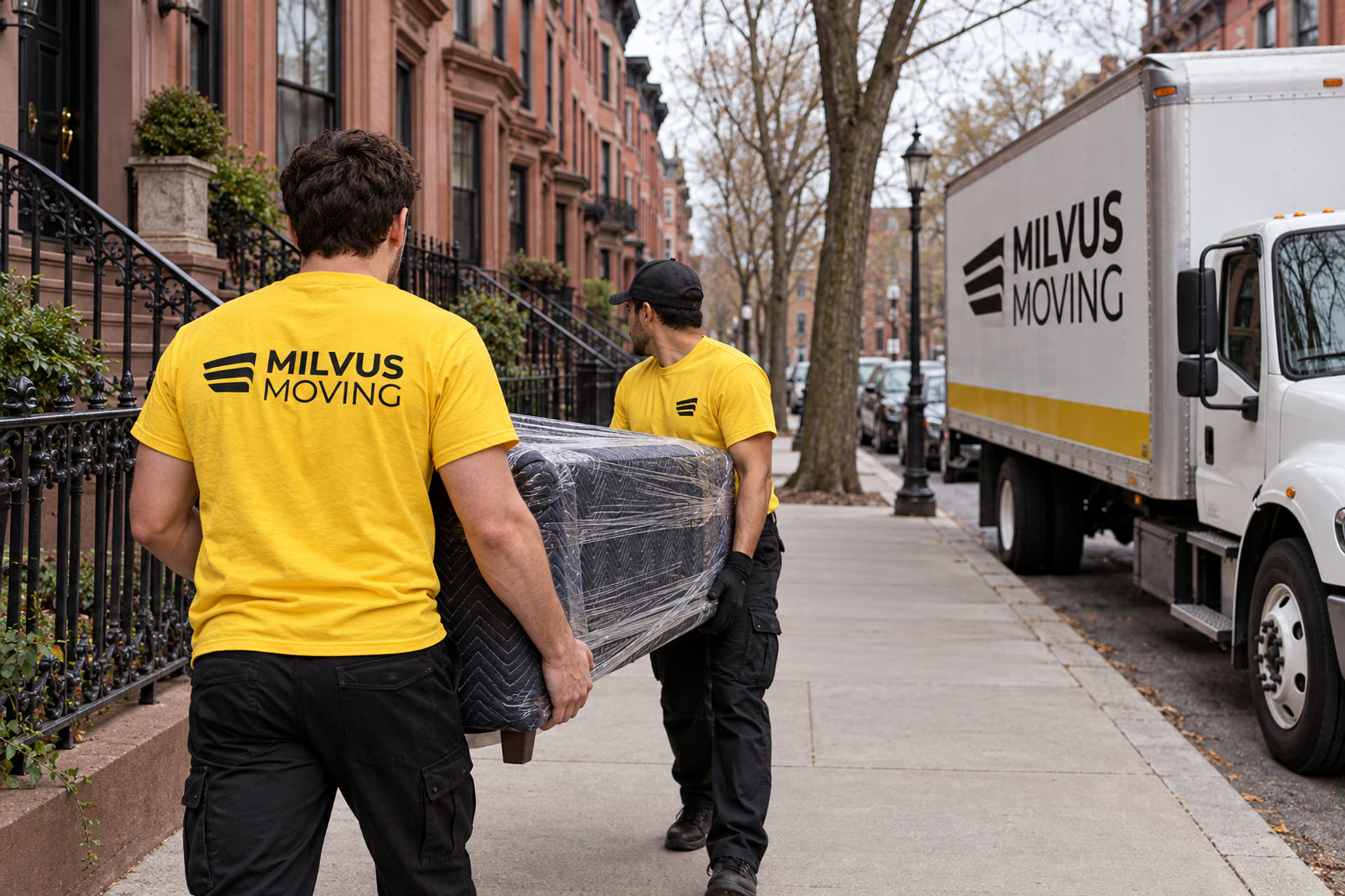 Two movers carrying wrapped furniture along a brownstone sidewalk