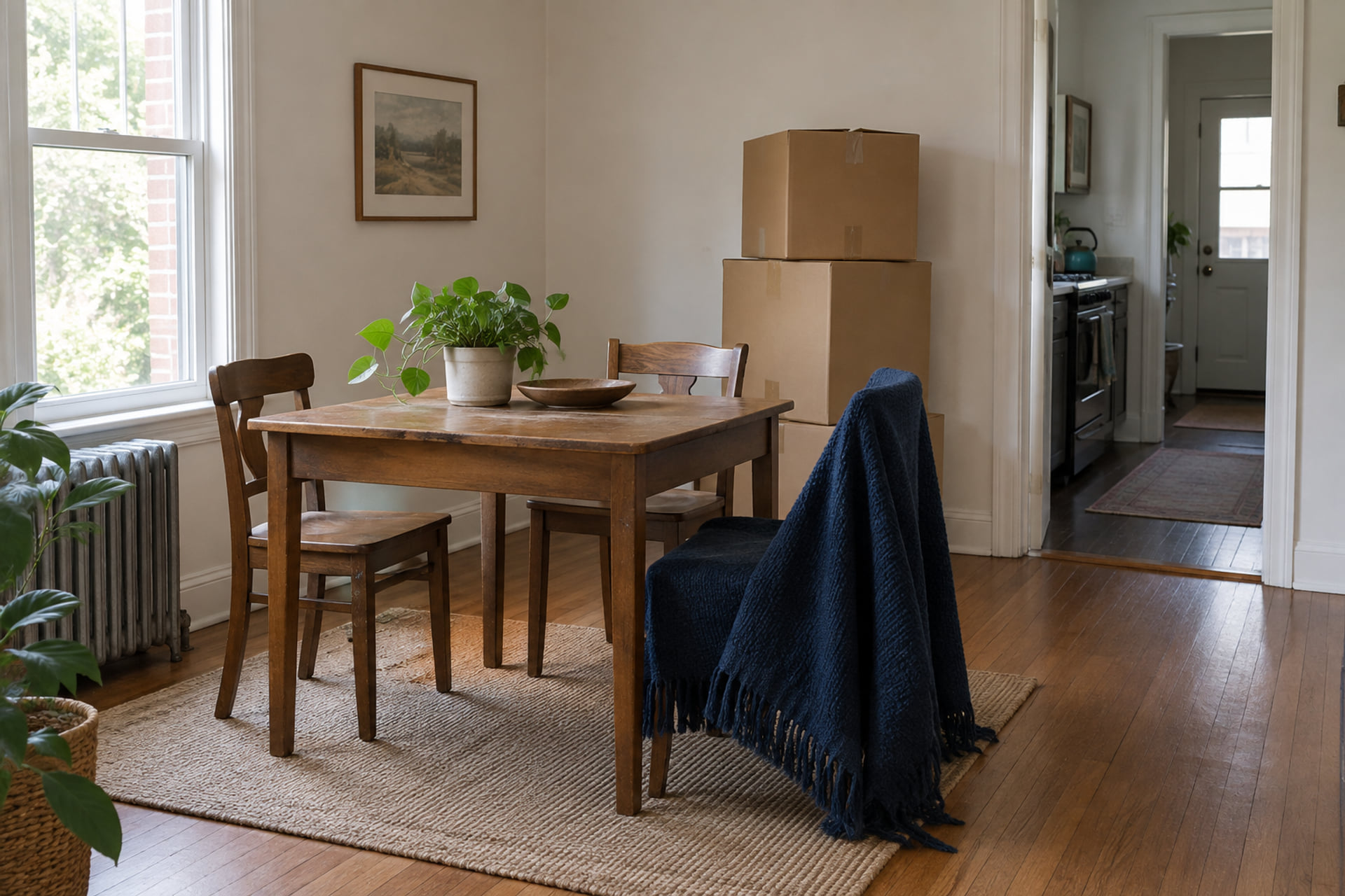 Small dining table, chairs and sealed cartons in a compact room