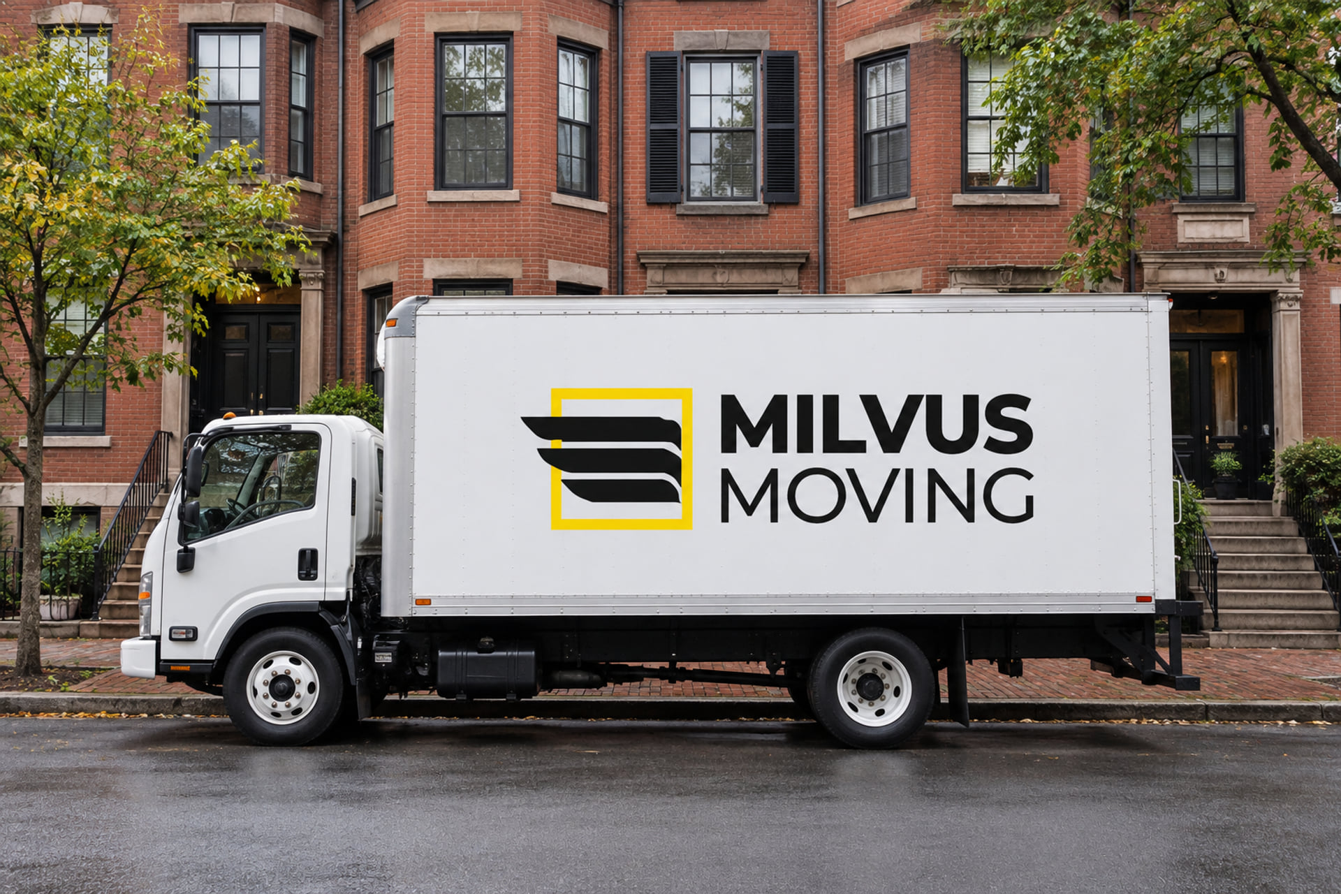 Milvus moving truck parked beside a compact brick rowhouse block