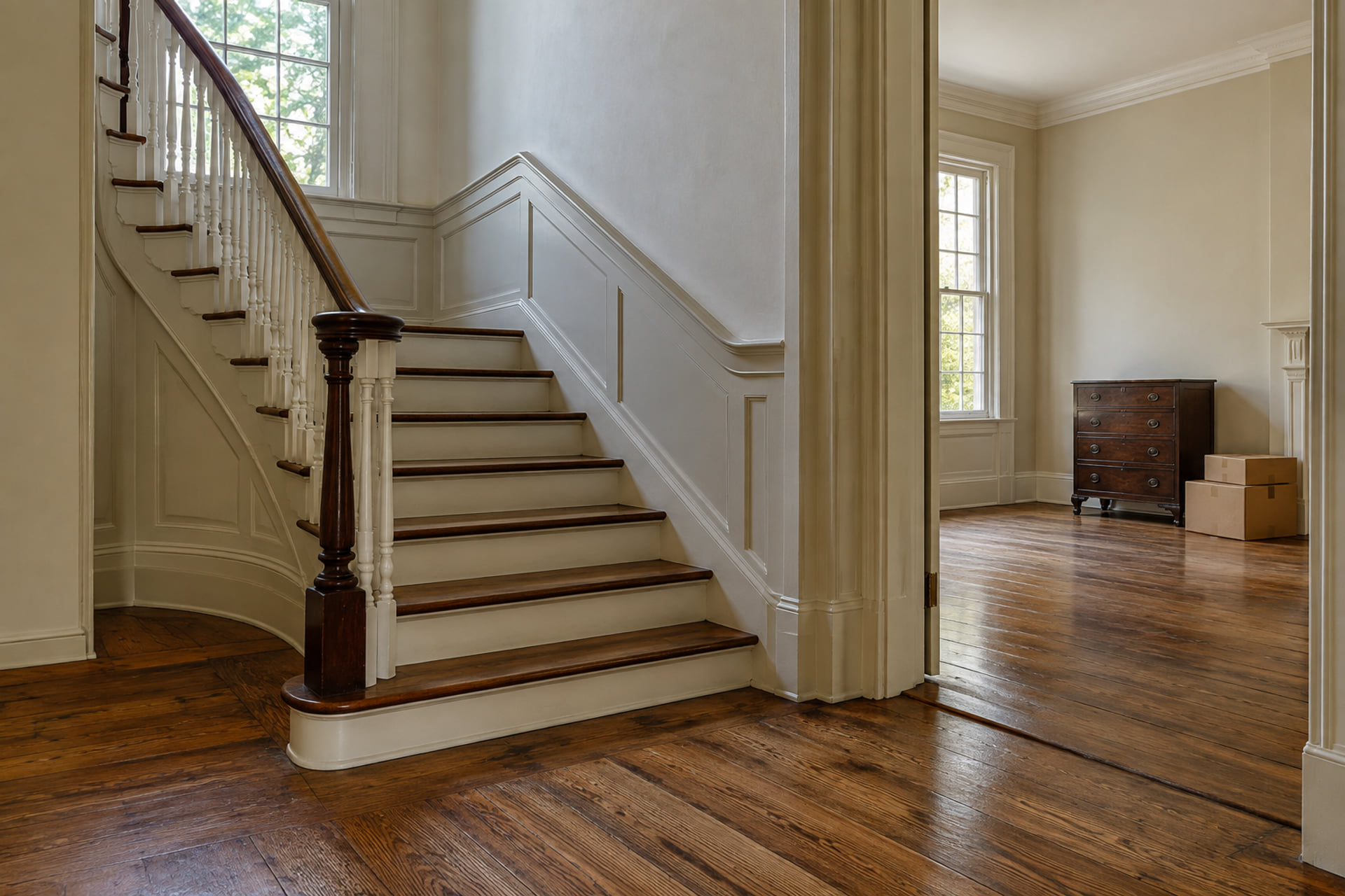 Clear curved staircase with a chest and cartons in the adjoining room