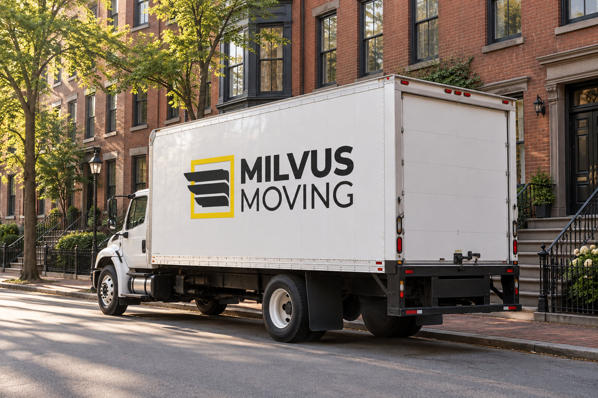 Milvus moving truck parked along a tree-lined brick residential block