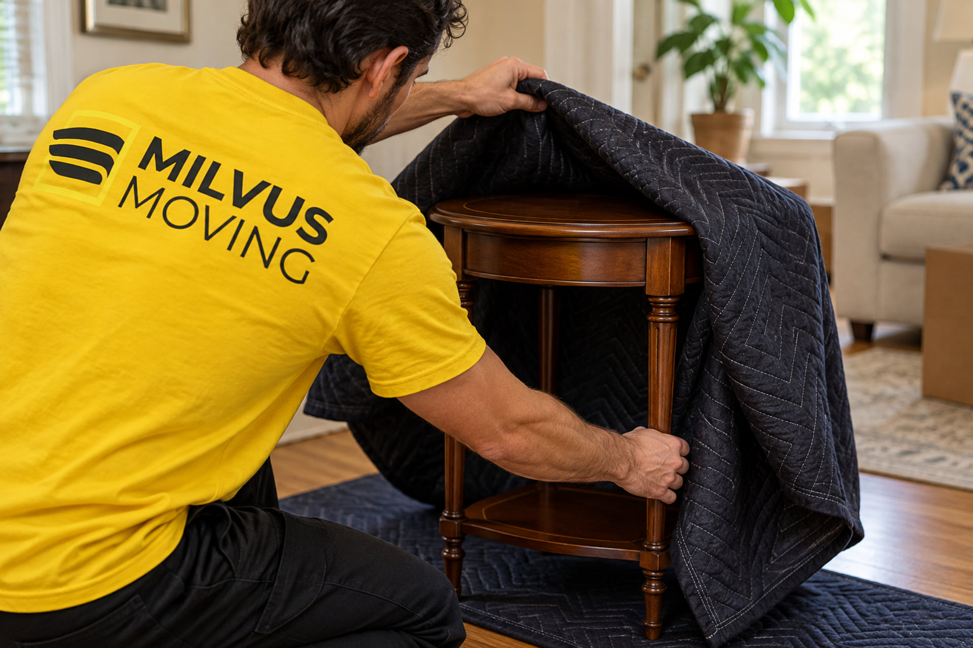 Mover lifting a quilted blanket from a wooden side table