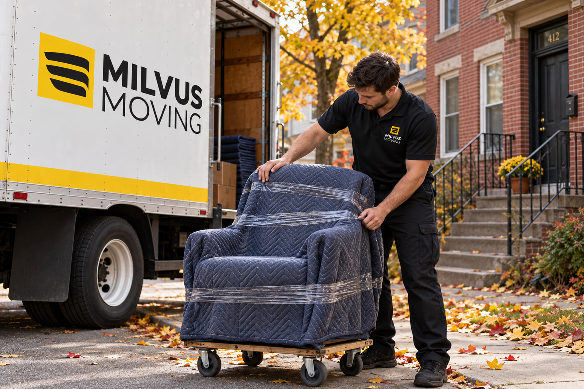 Mover guiding a wrapped armchair on a dolly beside a moving truck
