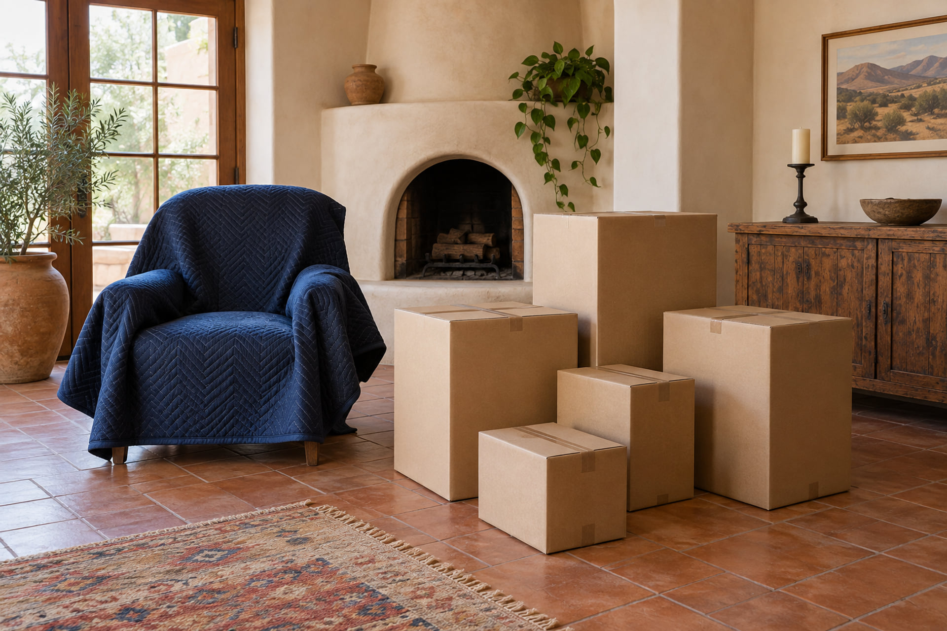 Blanket-covered armchair and sealed cartons in a tiled living room