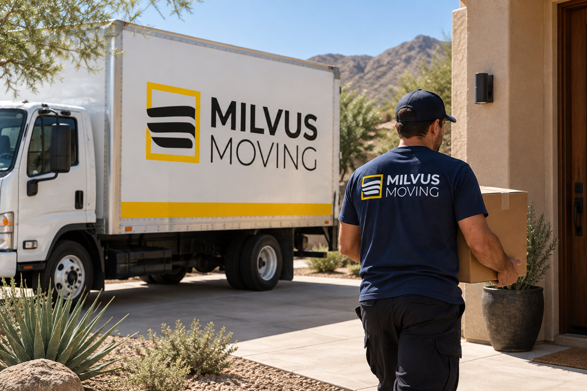 Mover carrying a carton toward a stucco home in a dry landscape