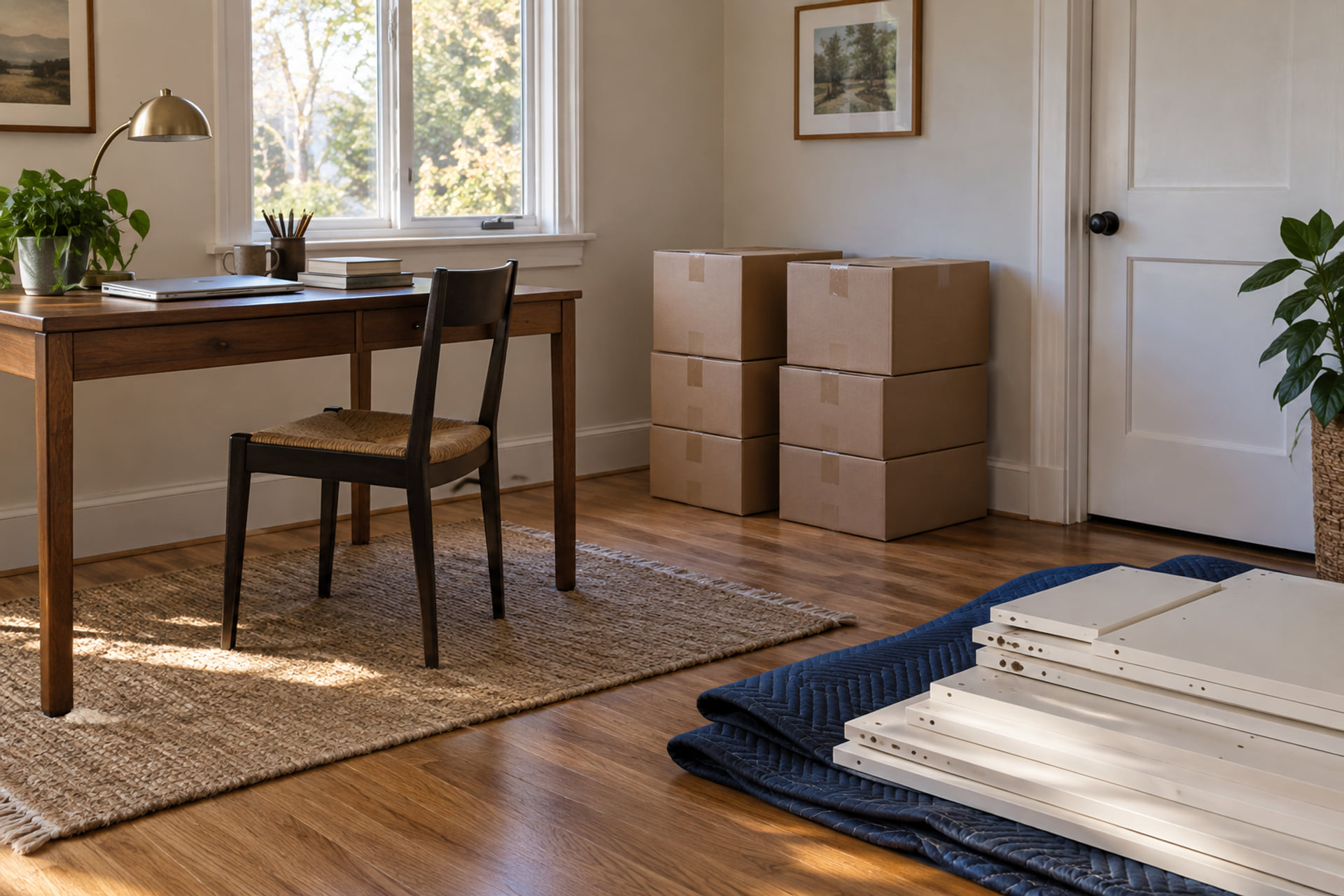 Desk, sealed cartons and dismantled shelving panels on a moving blanket