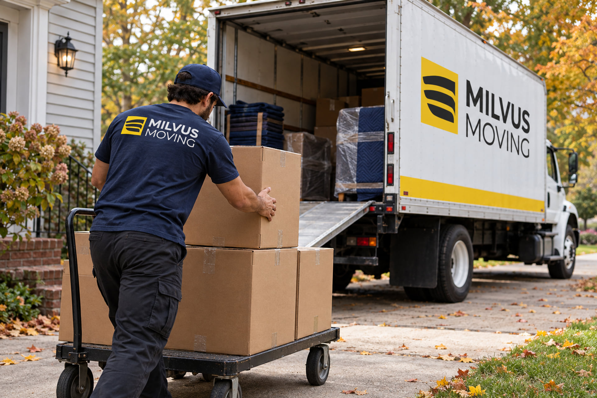 Mover steadying cartons on a trolley beside an open moving truck