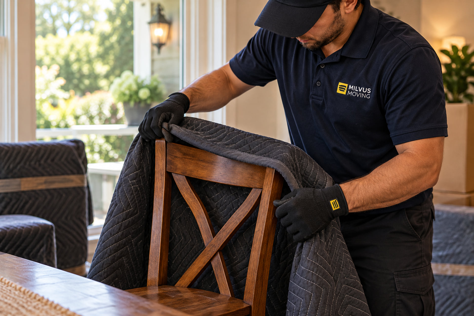 Mover lifting a protective blanket from a wooden dining chair