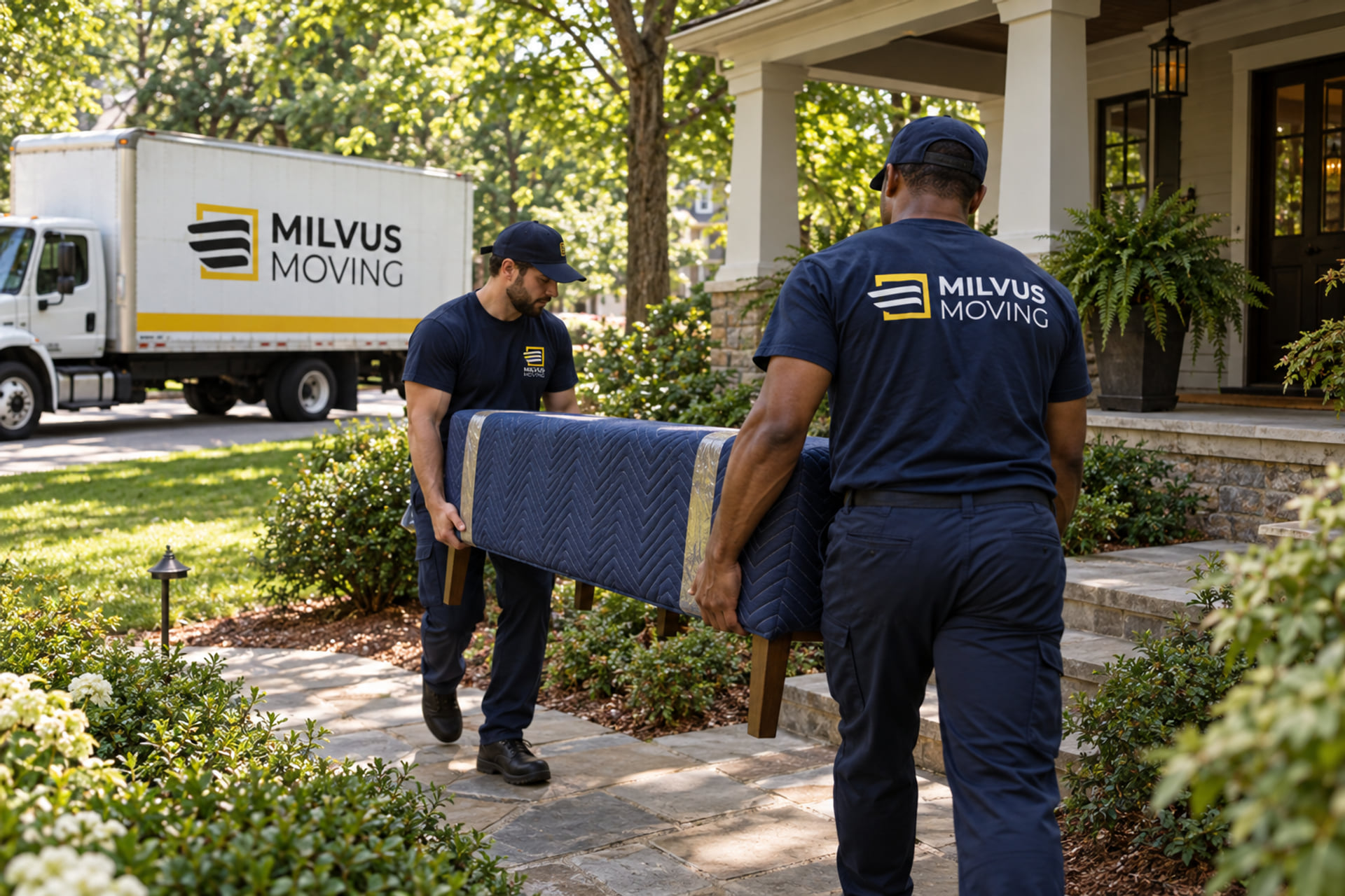 Two movers carrying padded furniture toward a covered porch