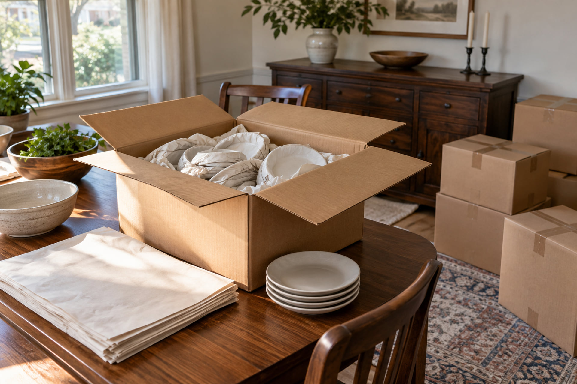 Paper-wrapped dishes in an open carton beside plates and packing paper
