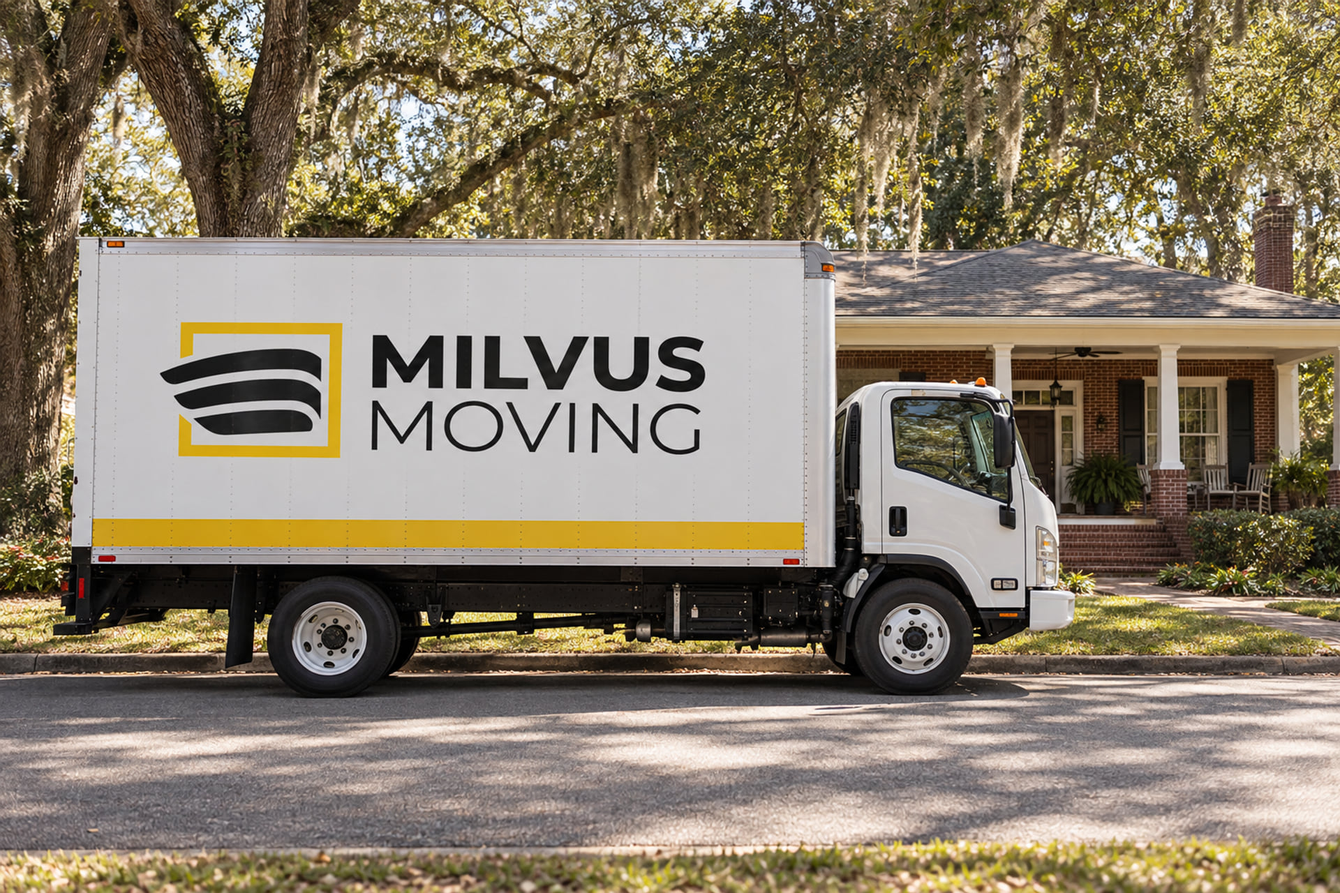Milvus moving truck parked beside a brick house under mature trees