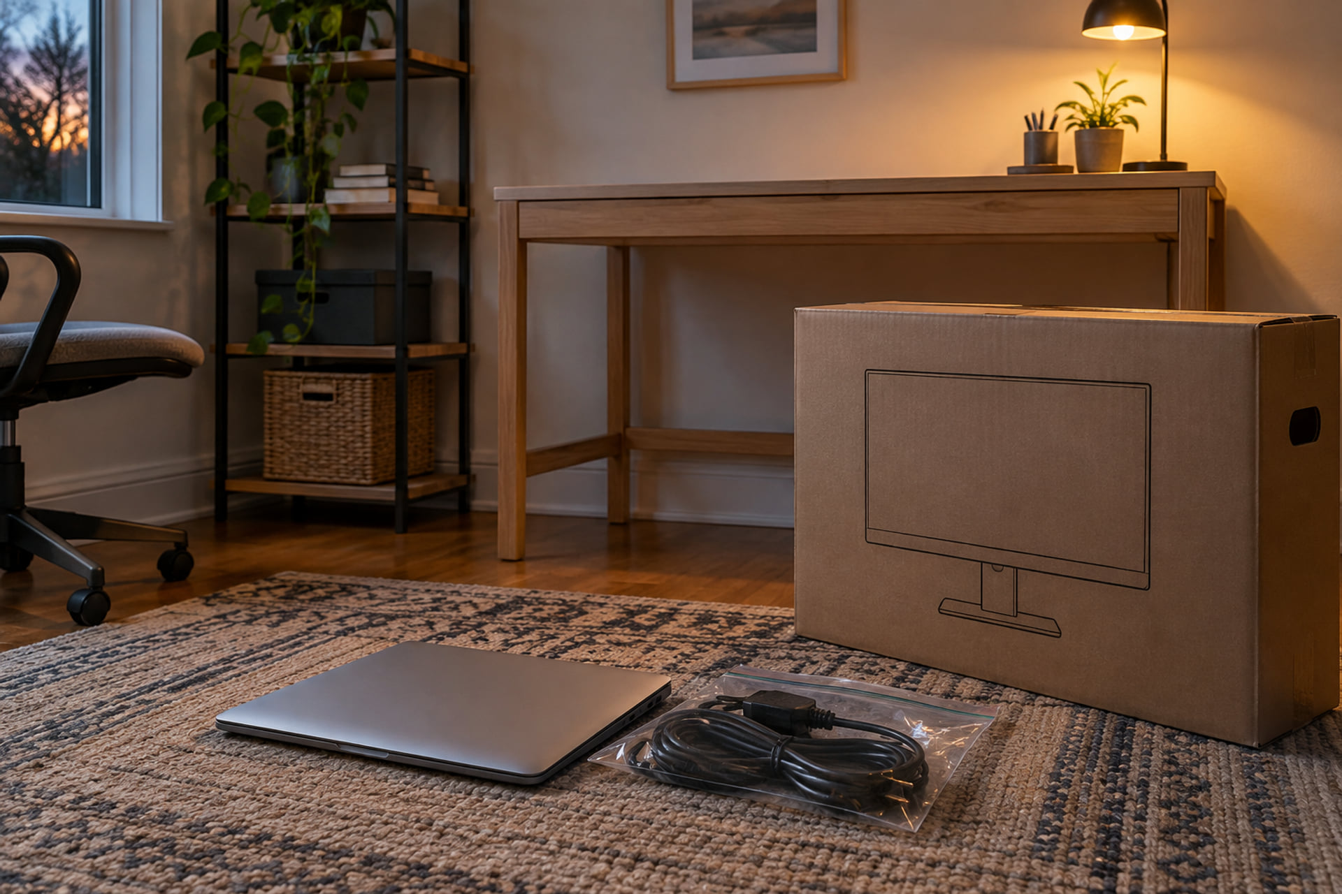 Monitor carton, closed laptop and bundled cables beside a home-office desk