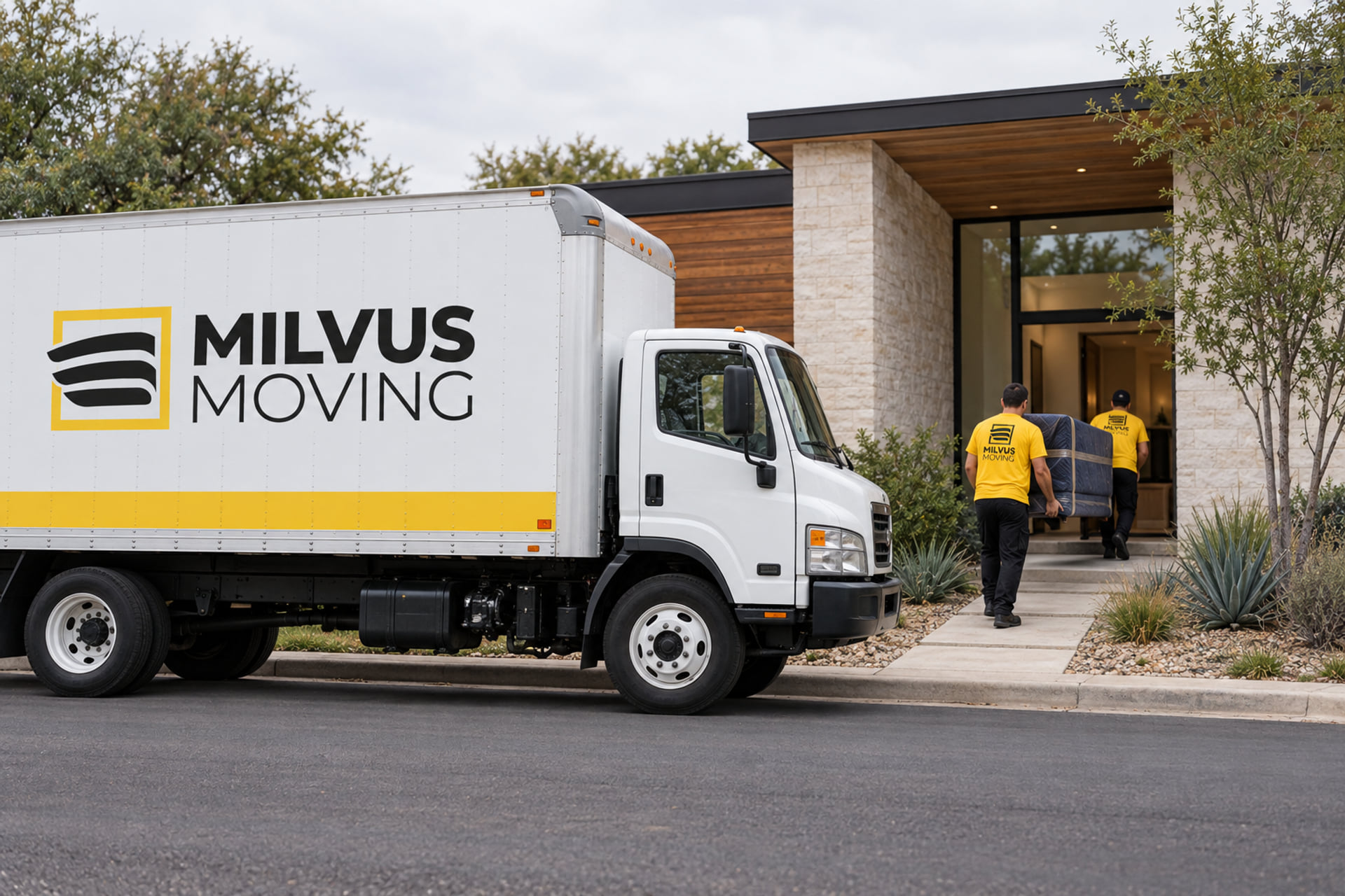 Milvus truck beside a contemporary house as movers carry furniture toward the entrance