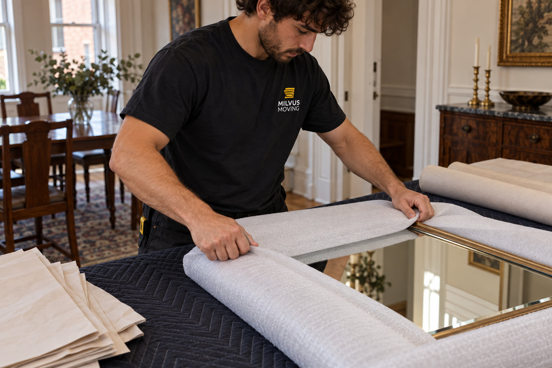 Mover wrapping a framed mirror with protective material on a padded table