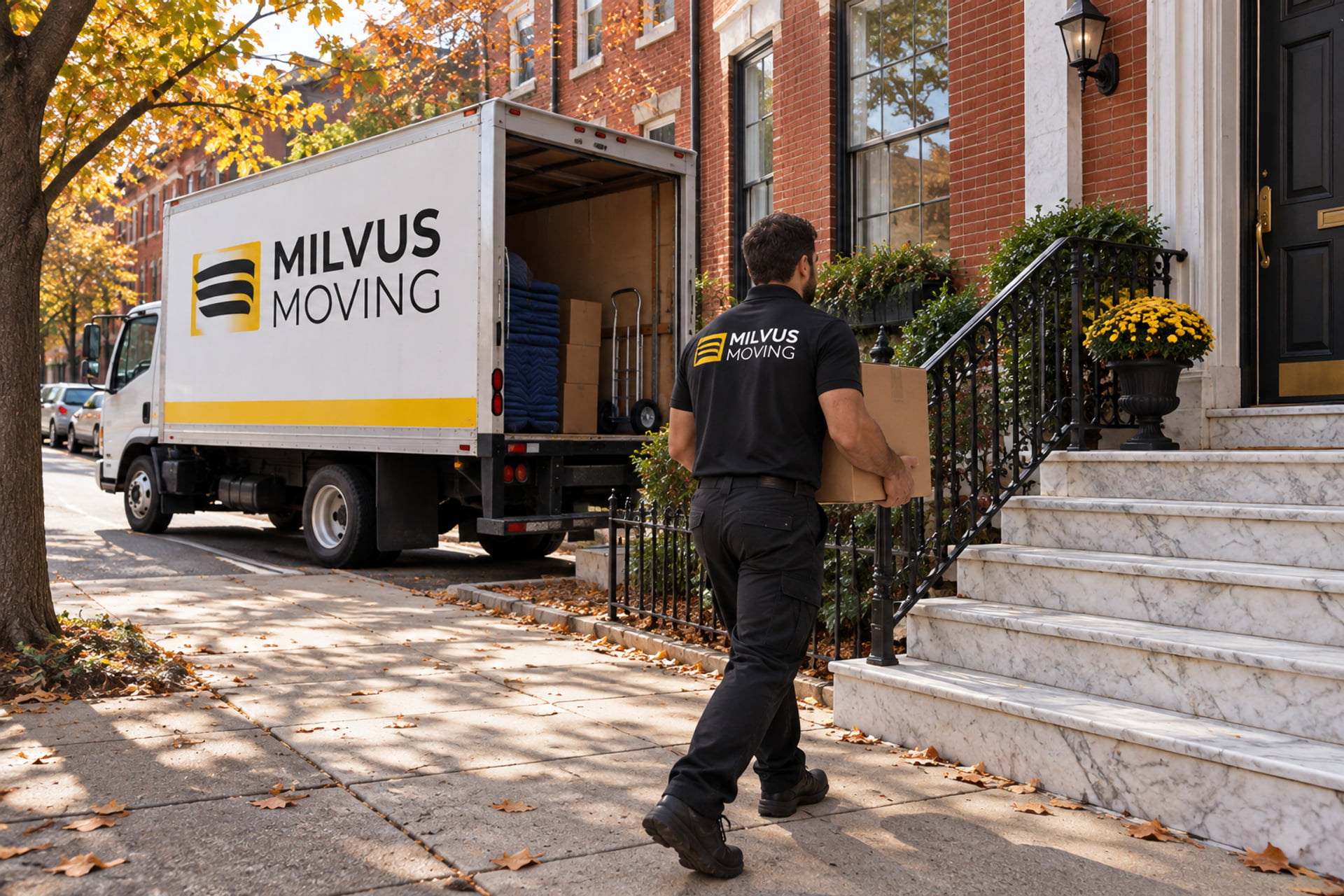 Mover carrying a carton toward brick rowhouse steps beside a Milvus truck