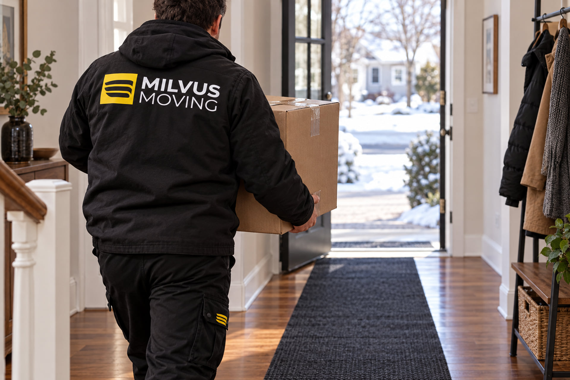 Mover carrying a carton through a home with a protective floor runner