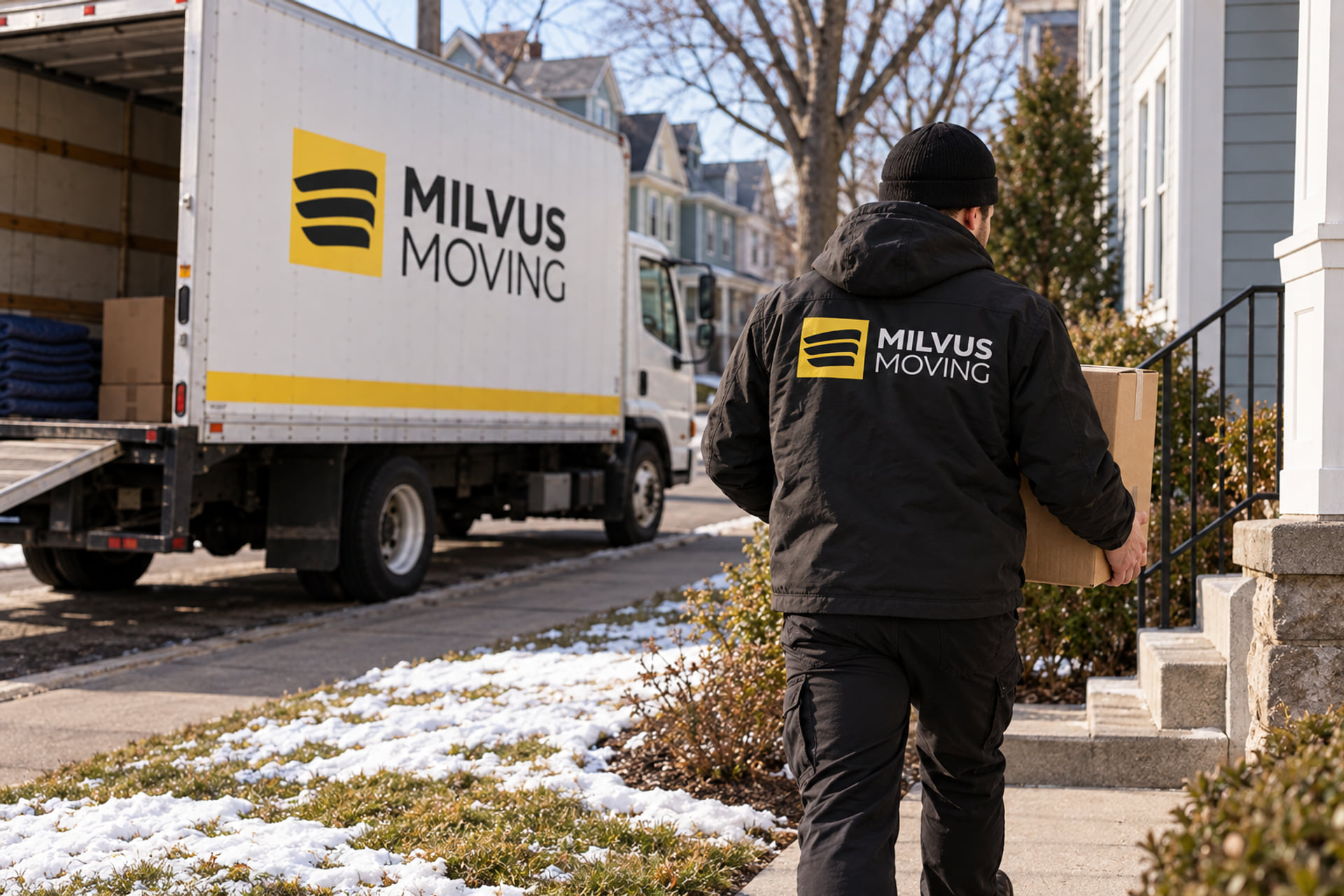 Mover carrying a carton along a cleared path with snow at its edges