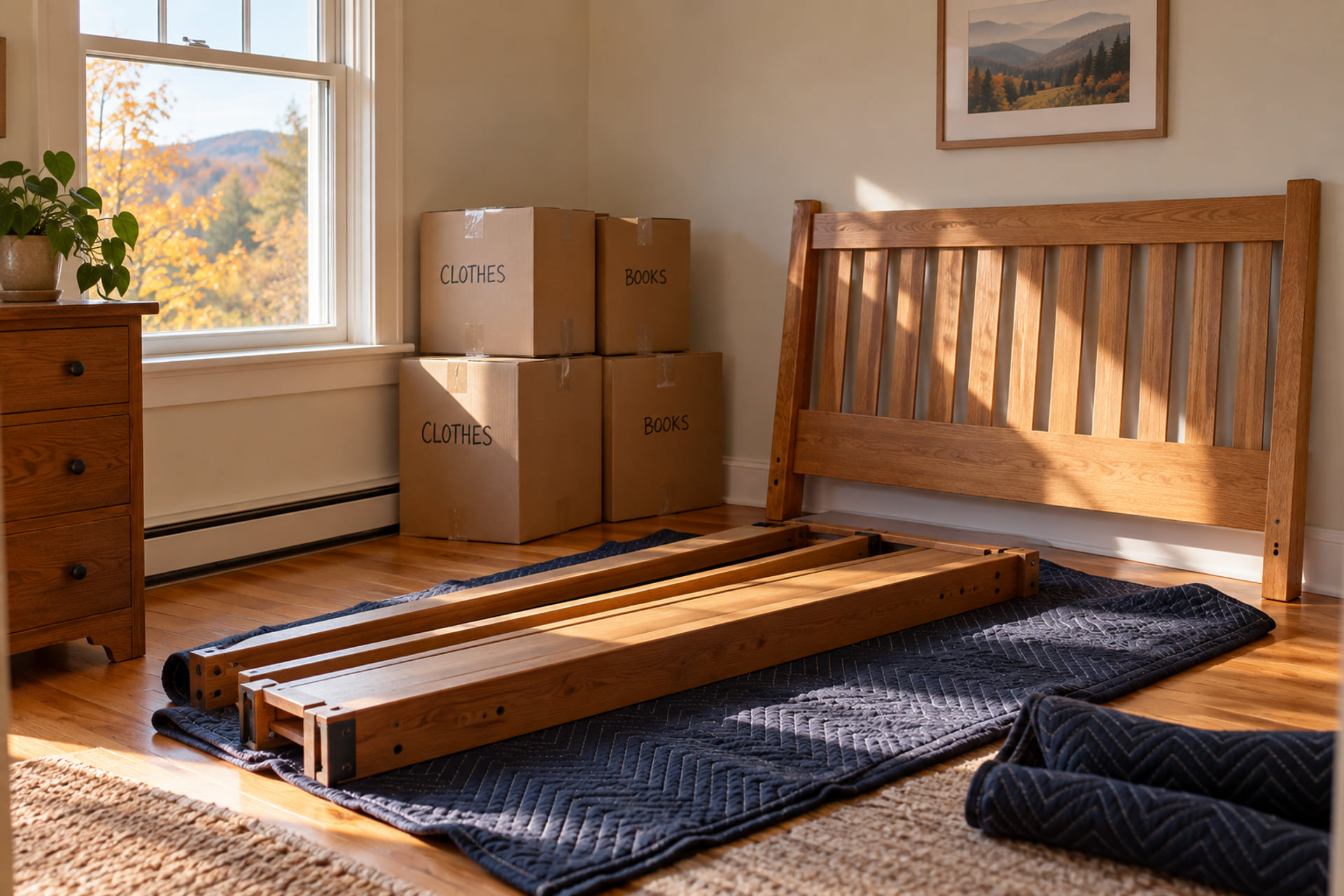 Dismantled wooden bed parts on a moving blanket beside labeled cartons