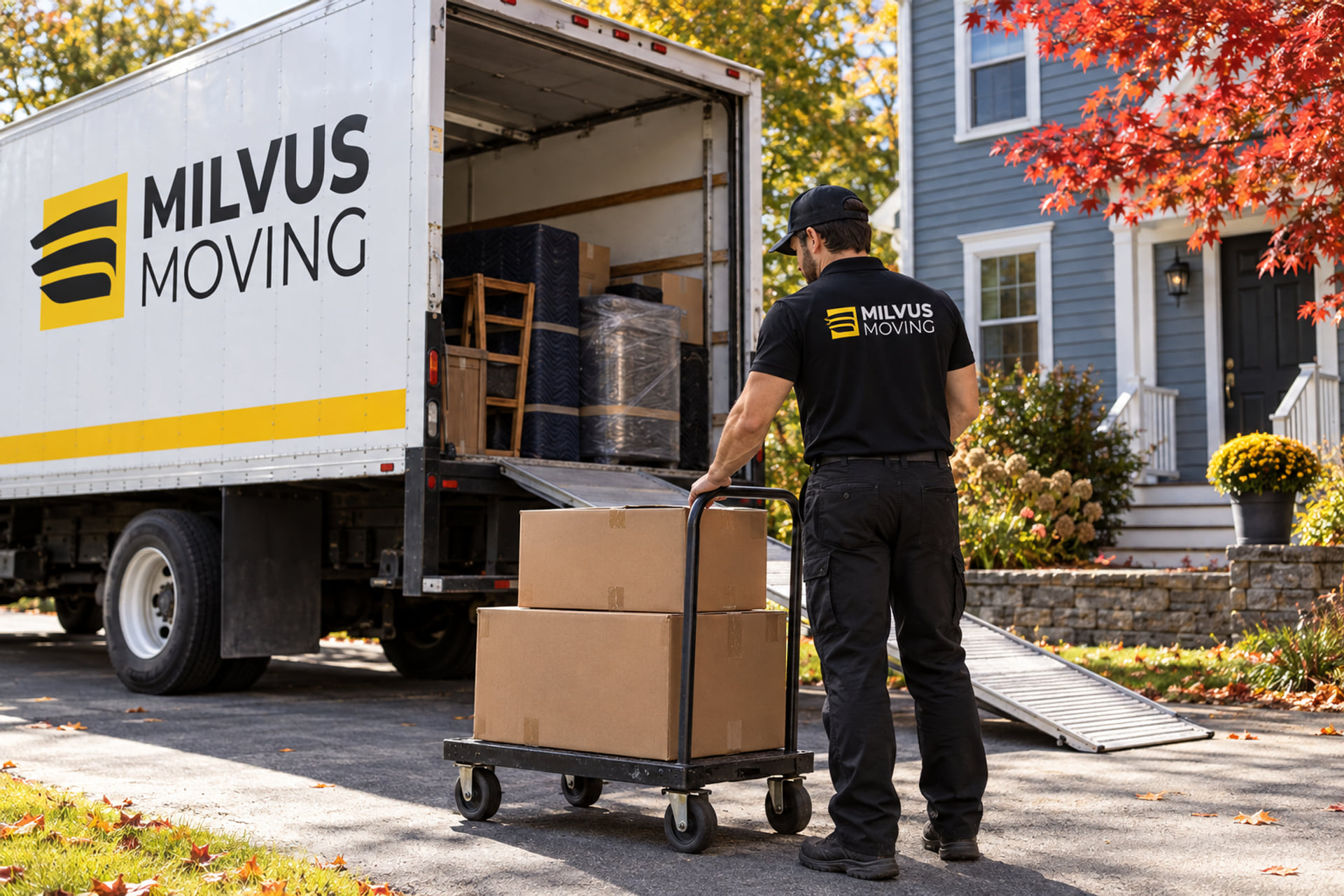 Mover wheeling cartons beside a Milvus truck and a clapboard house in autumn