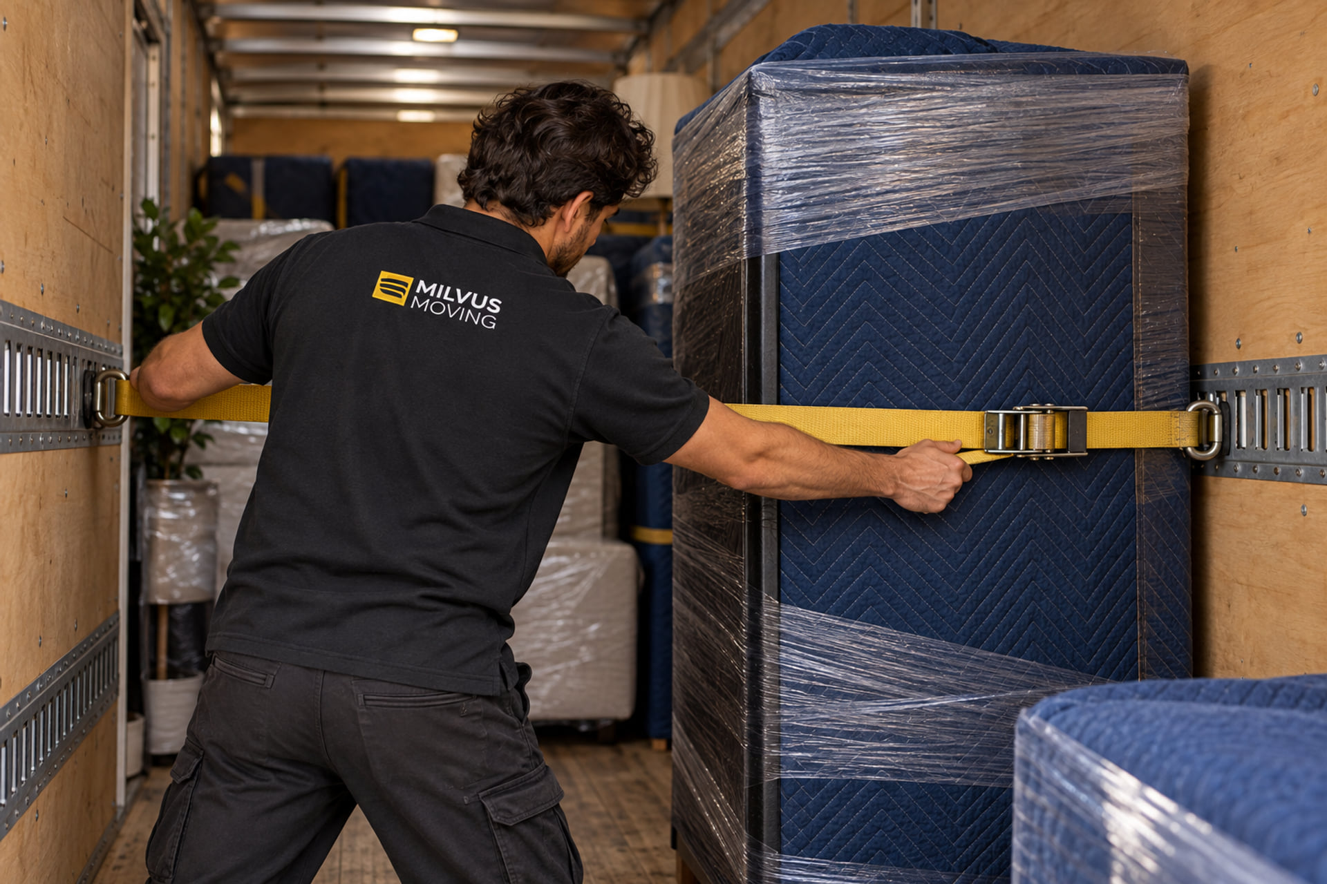 Mover securing padded furniture to a truck wall with a cargo strap