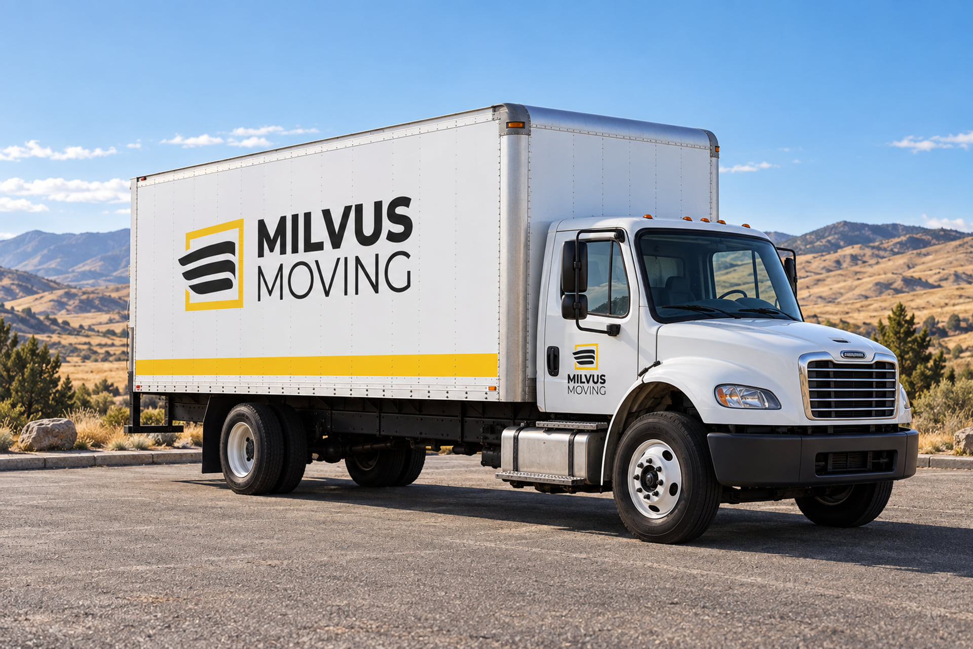White Milvus moving truck parked with dry rolling hills in the background