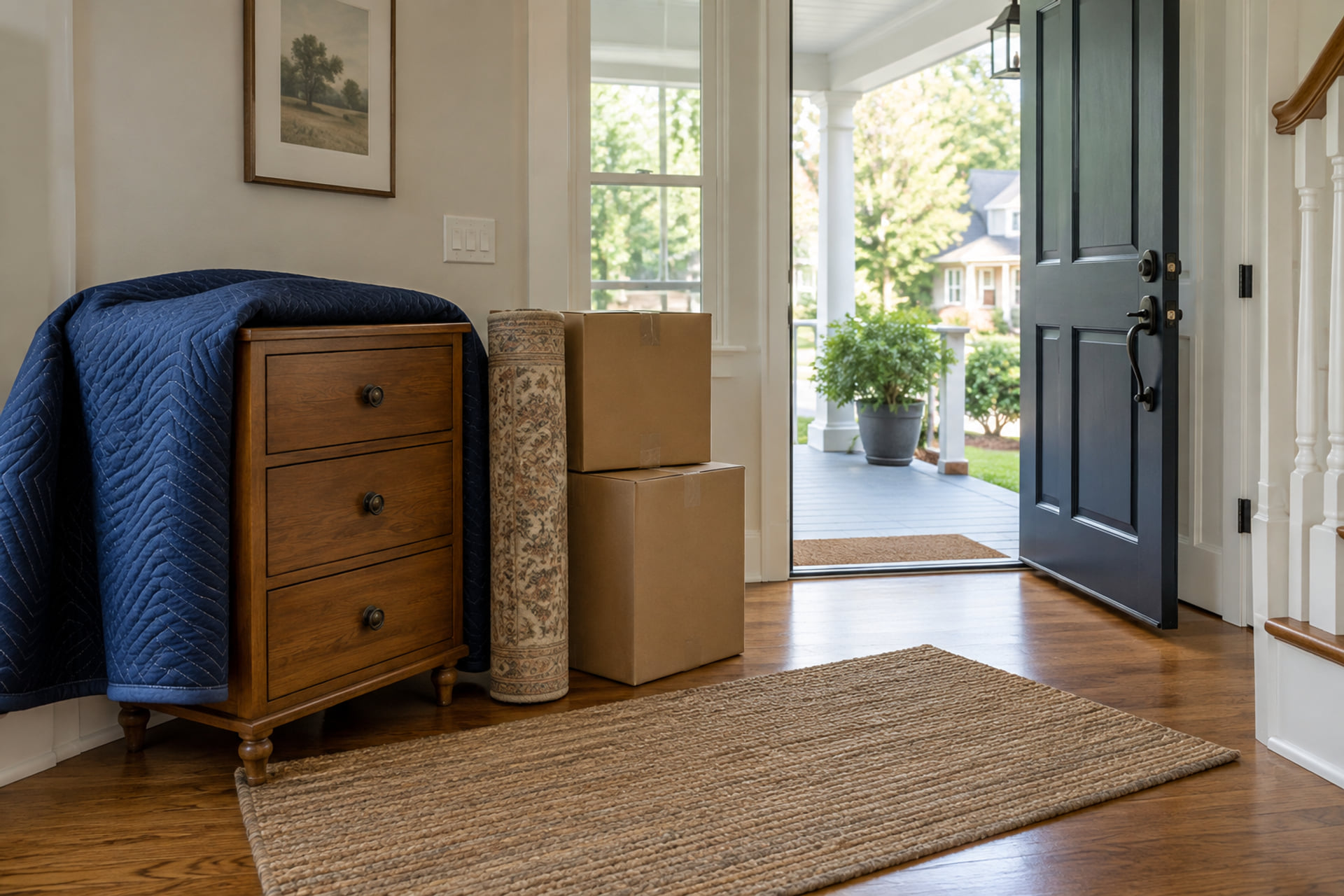 Partly padded chest of drawers, rolled rug and cartons beside an open door