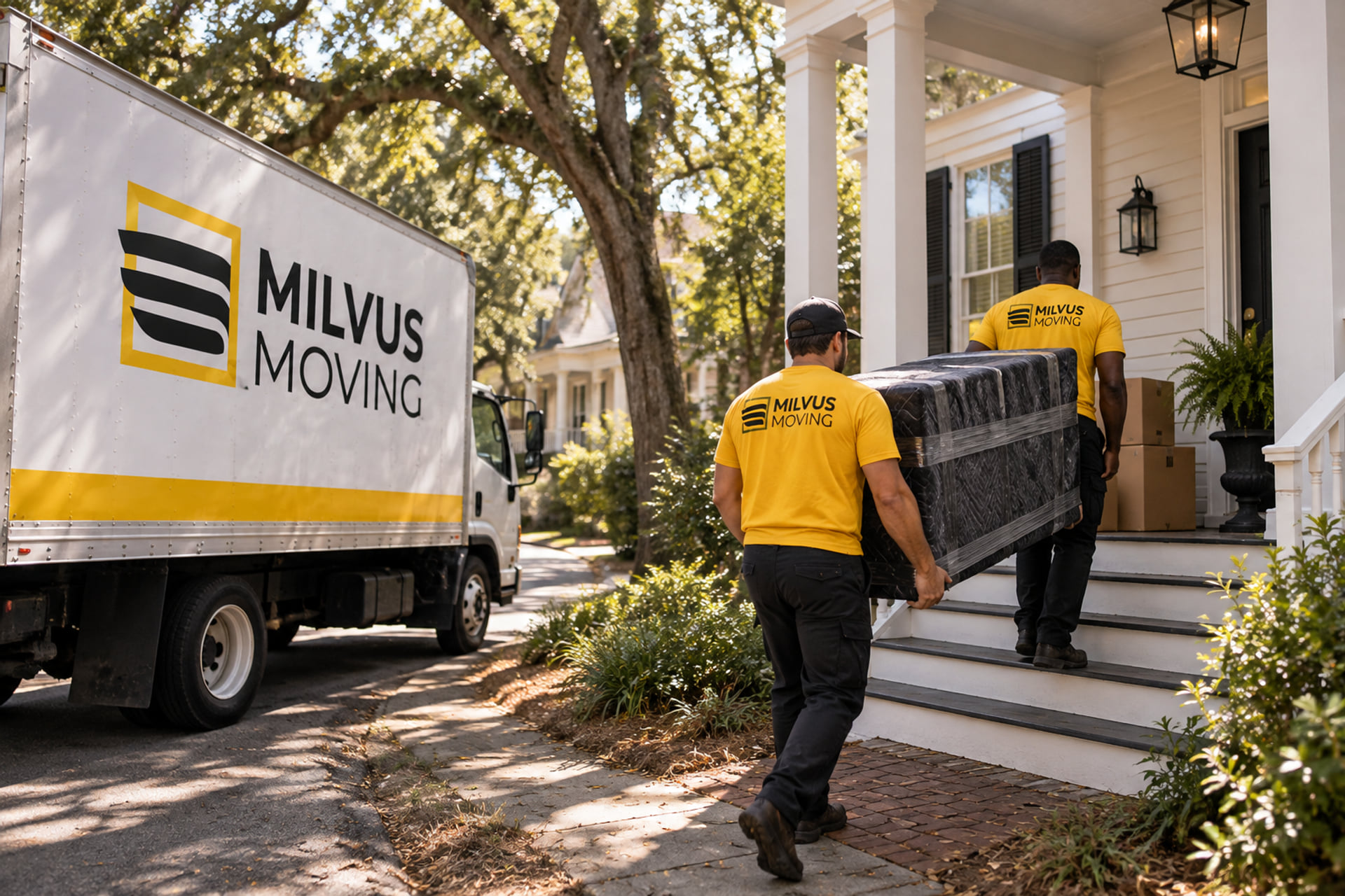 Two movers carrying wrapped furniture up shallow porch steps