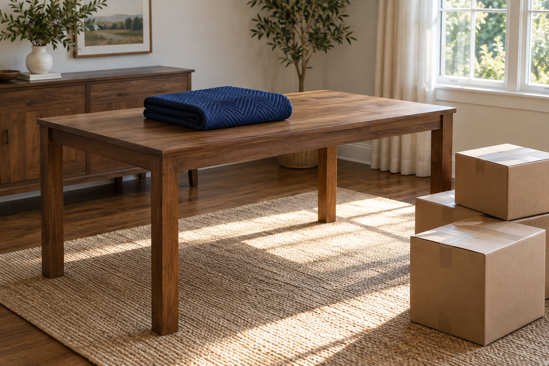 Wooden dining table with a folded moving blanket beside sealed cartons
