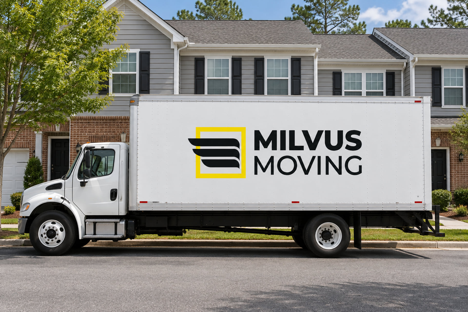 Milvus moving truck parked beside a townhouse row