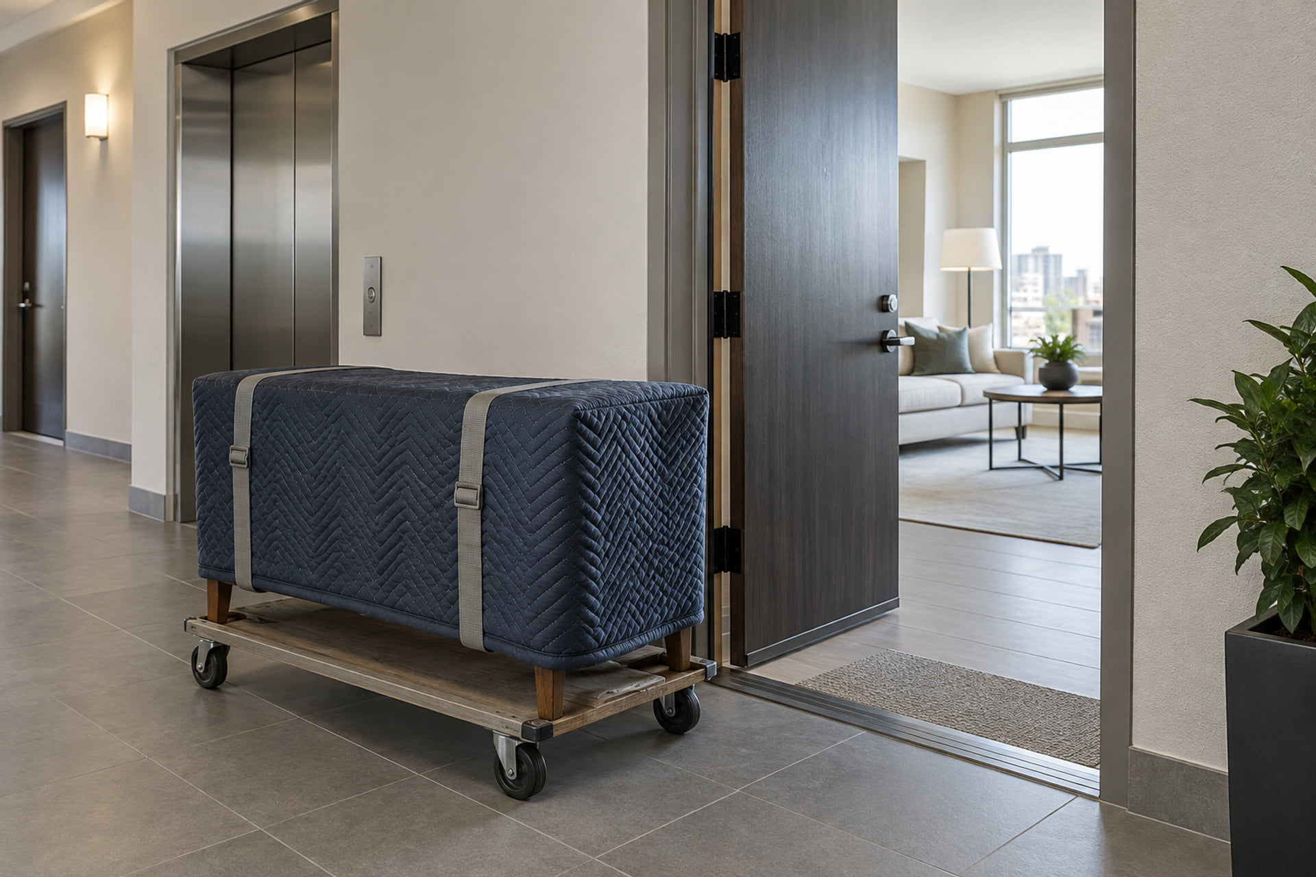 Padded furniture secured on a dolly beside an open apartment door