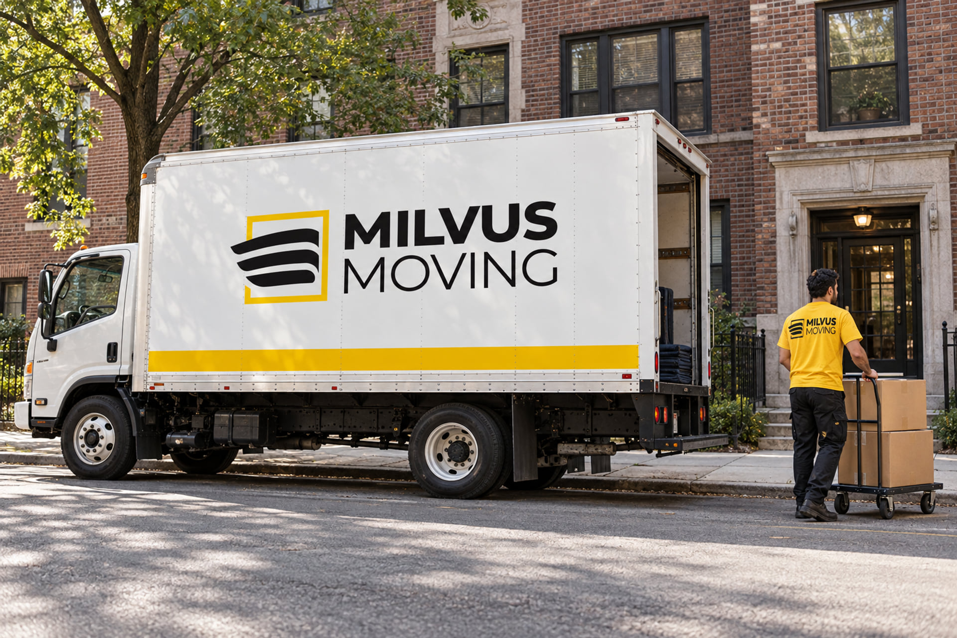 Mover pushing a carton trolley beside a brick apartment building and Milvus truck
