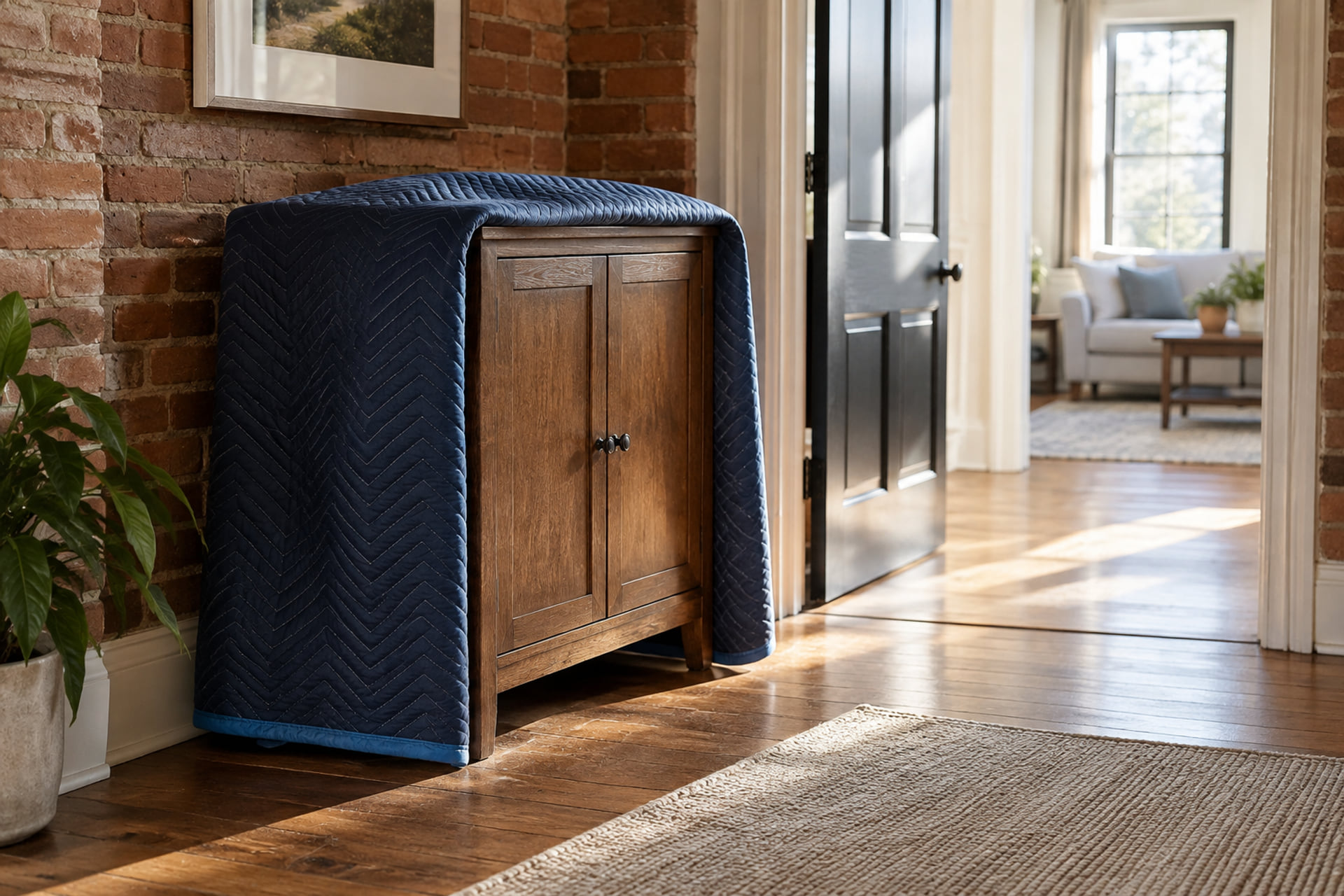 Wooden cabinet with a moving blanket beside an open interior doorway