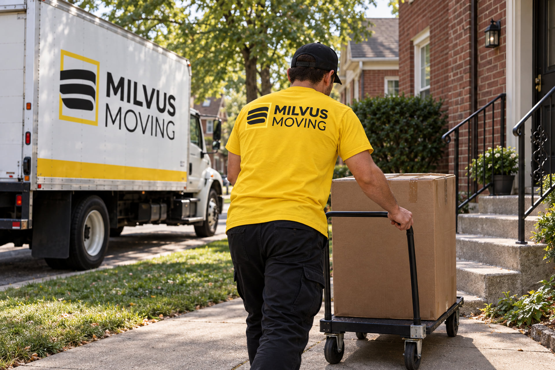 Mover pushing a carton trolley along a brick residential sidewalk