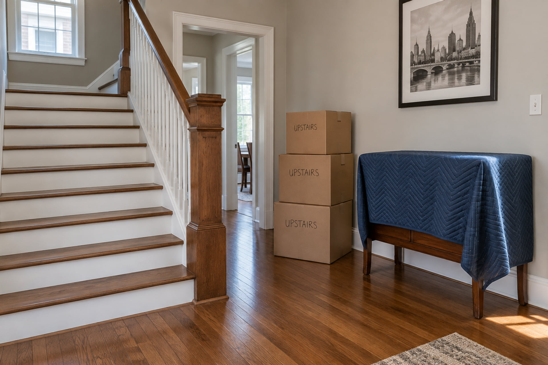 Cartons marked Upstairs beside a padded cabinet and a clear staircase