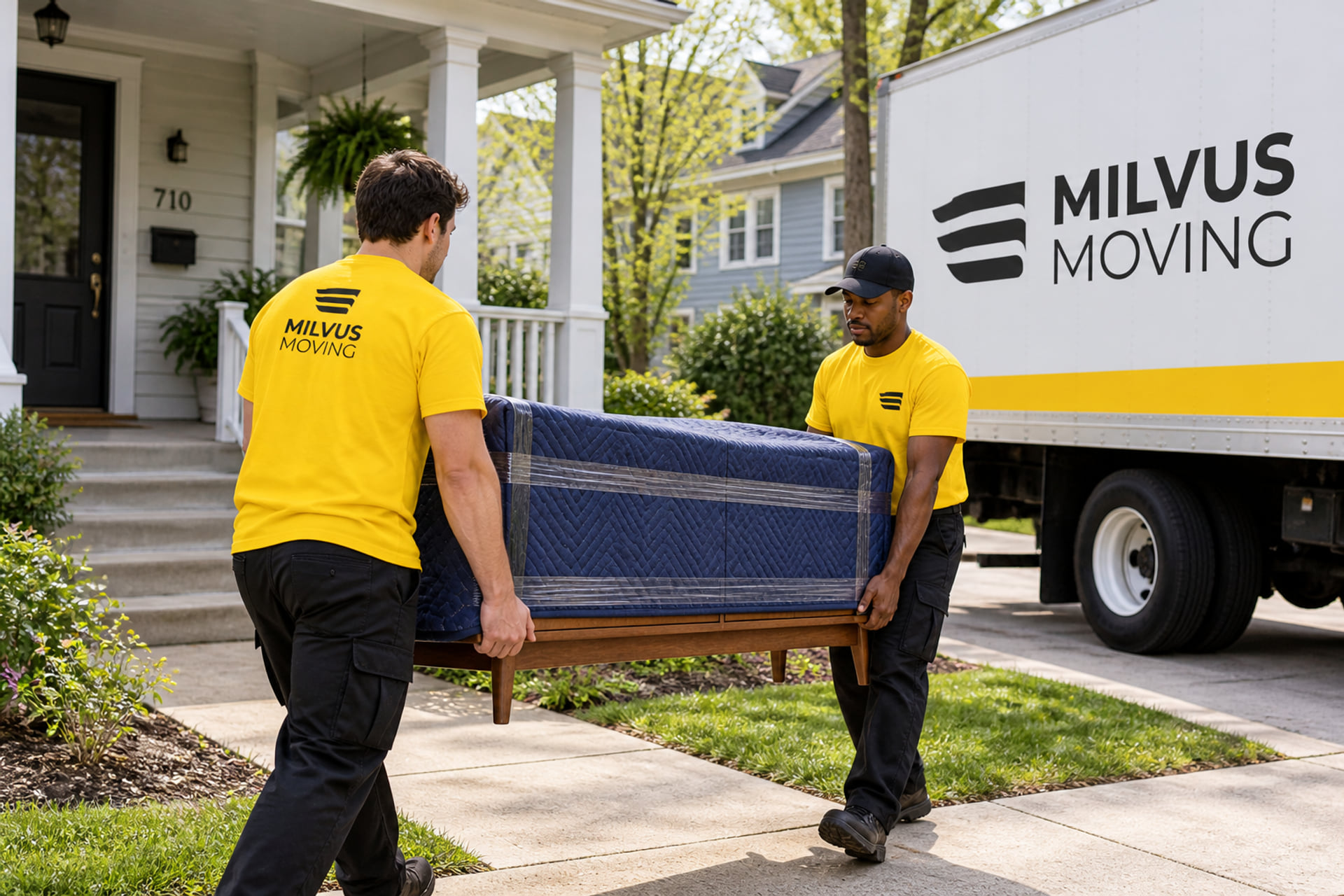 Two movers carrying padded furniture beside a clapboard home and Milvus truck