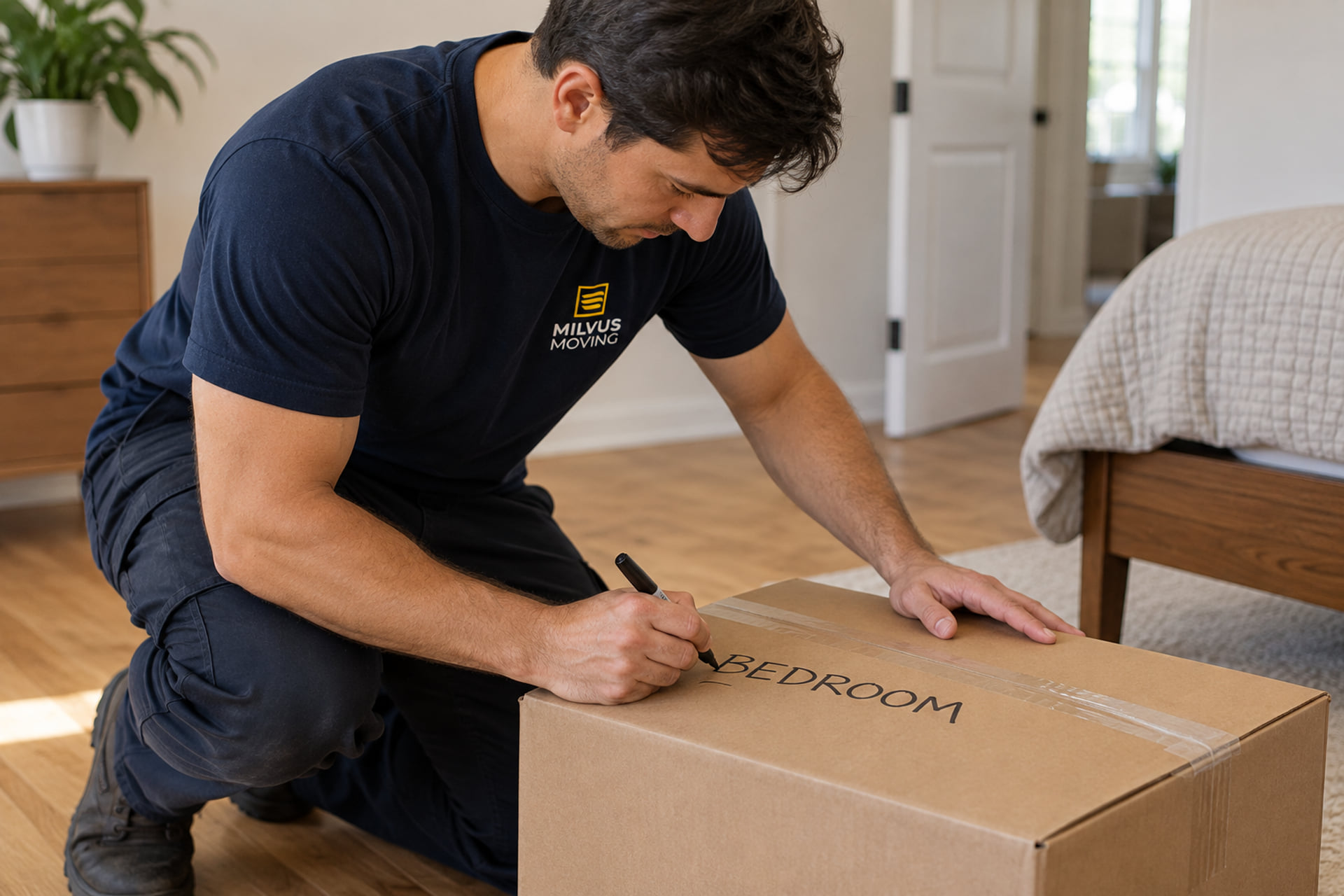 Mover marking a sealed carton Bedroom