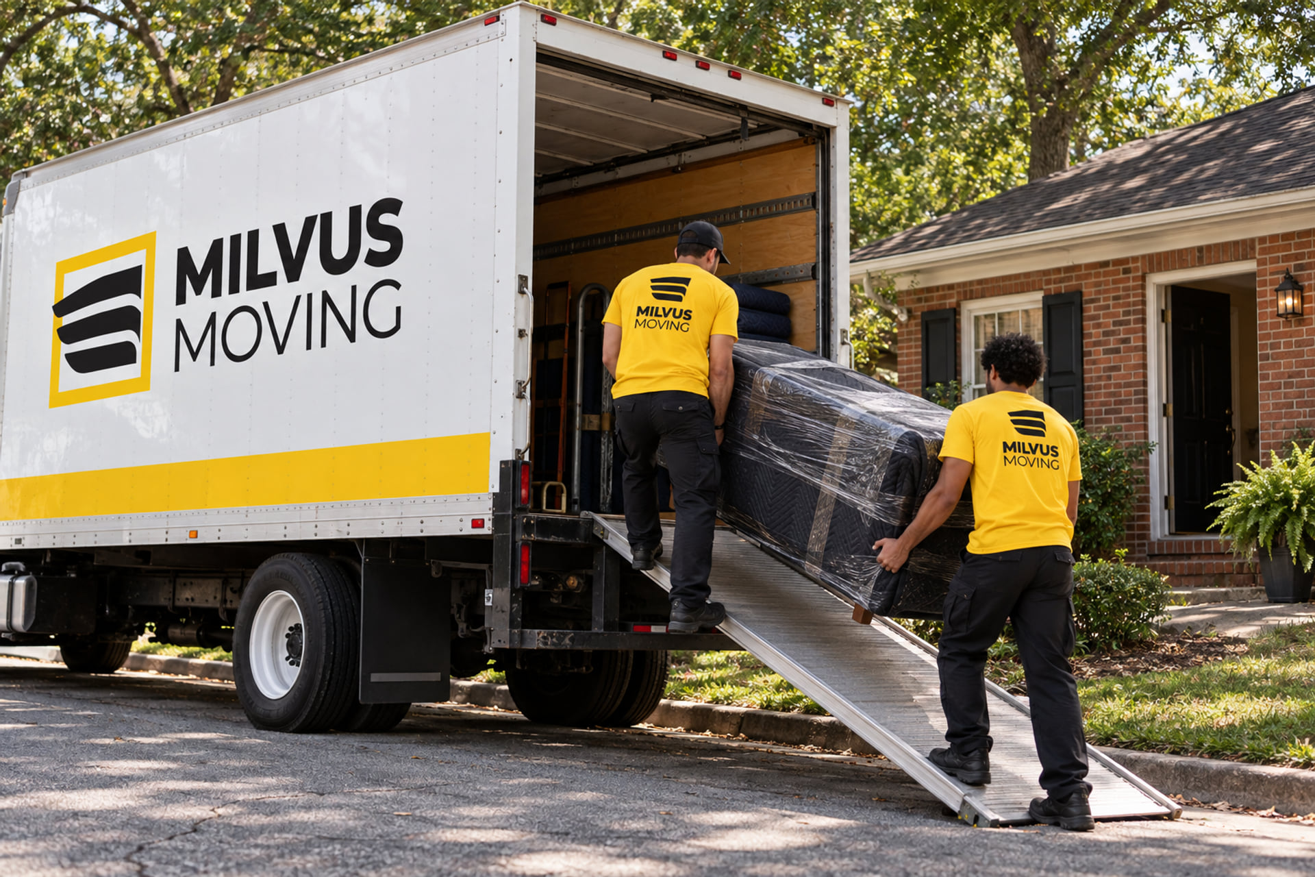 Two movers carrying wrapped furniture along a supported truck ramp