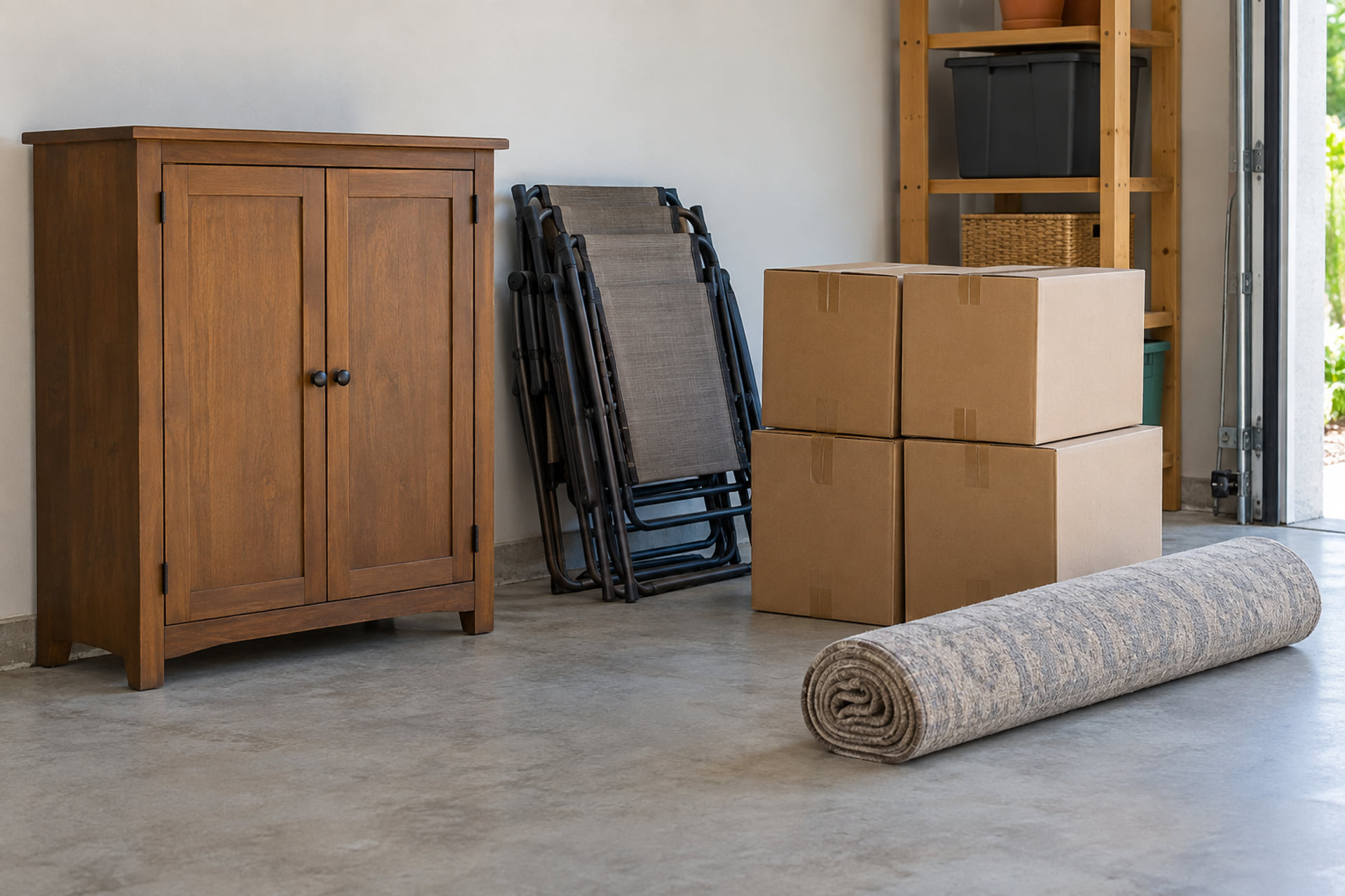 Wooden cabinet, folded patio chairs, cartons and a rolled rug in a garage