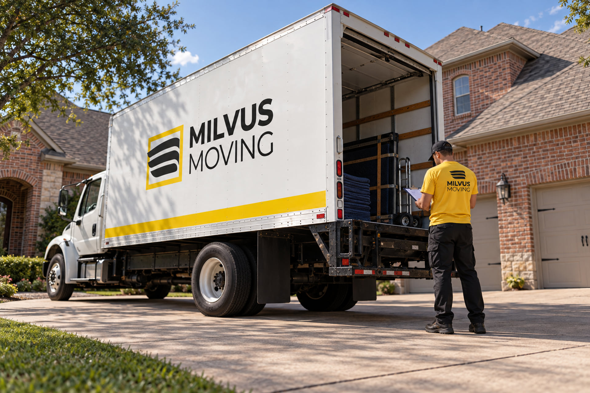 Mover checking a clipboard beside a Milvus truck on a broad driveway