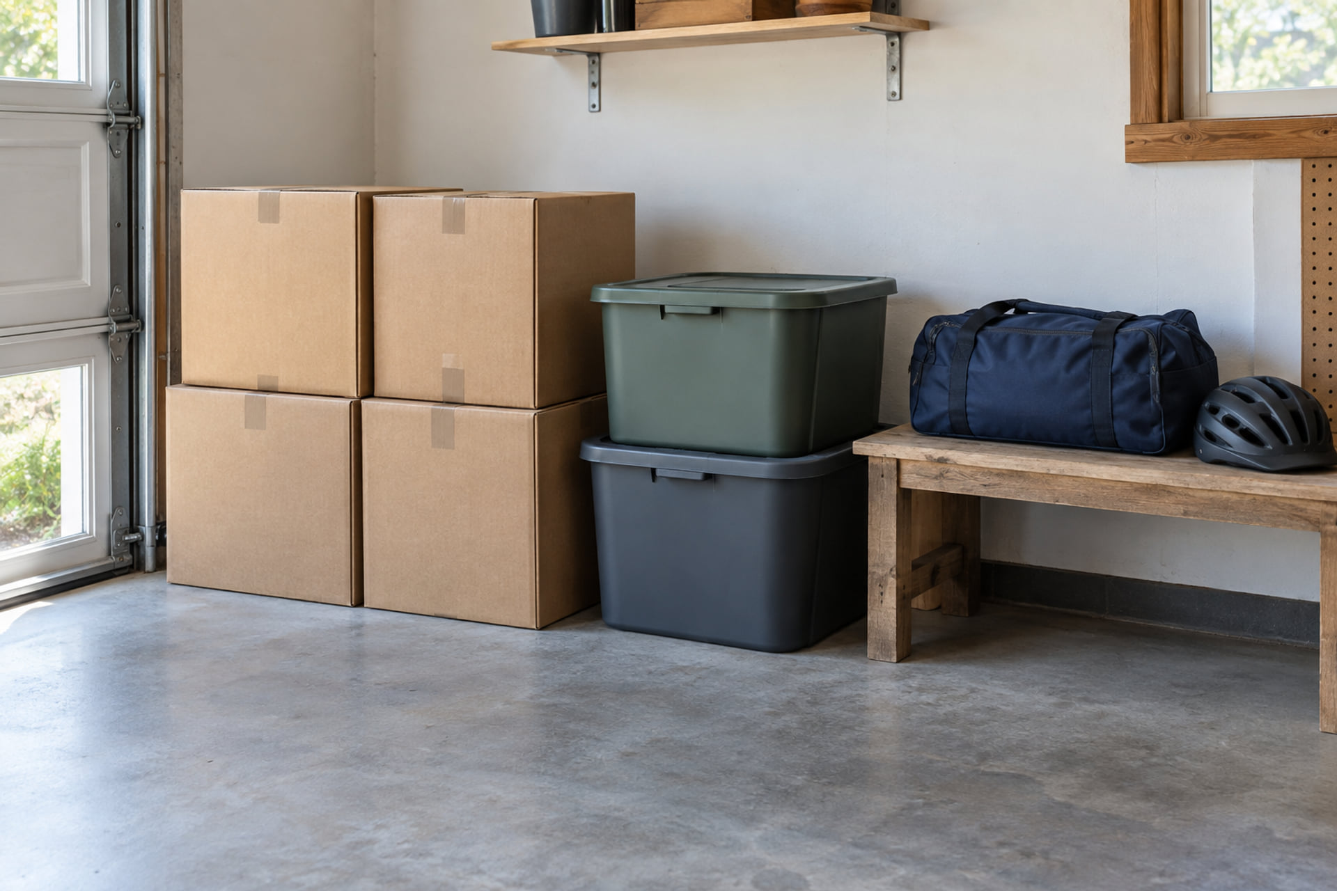 Sealed cartons, lidded bins, a gear bag and helmet organized in a garage