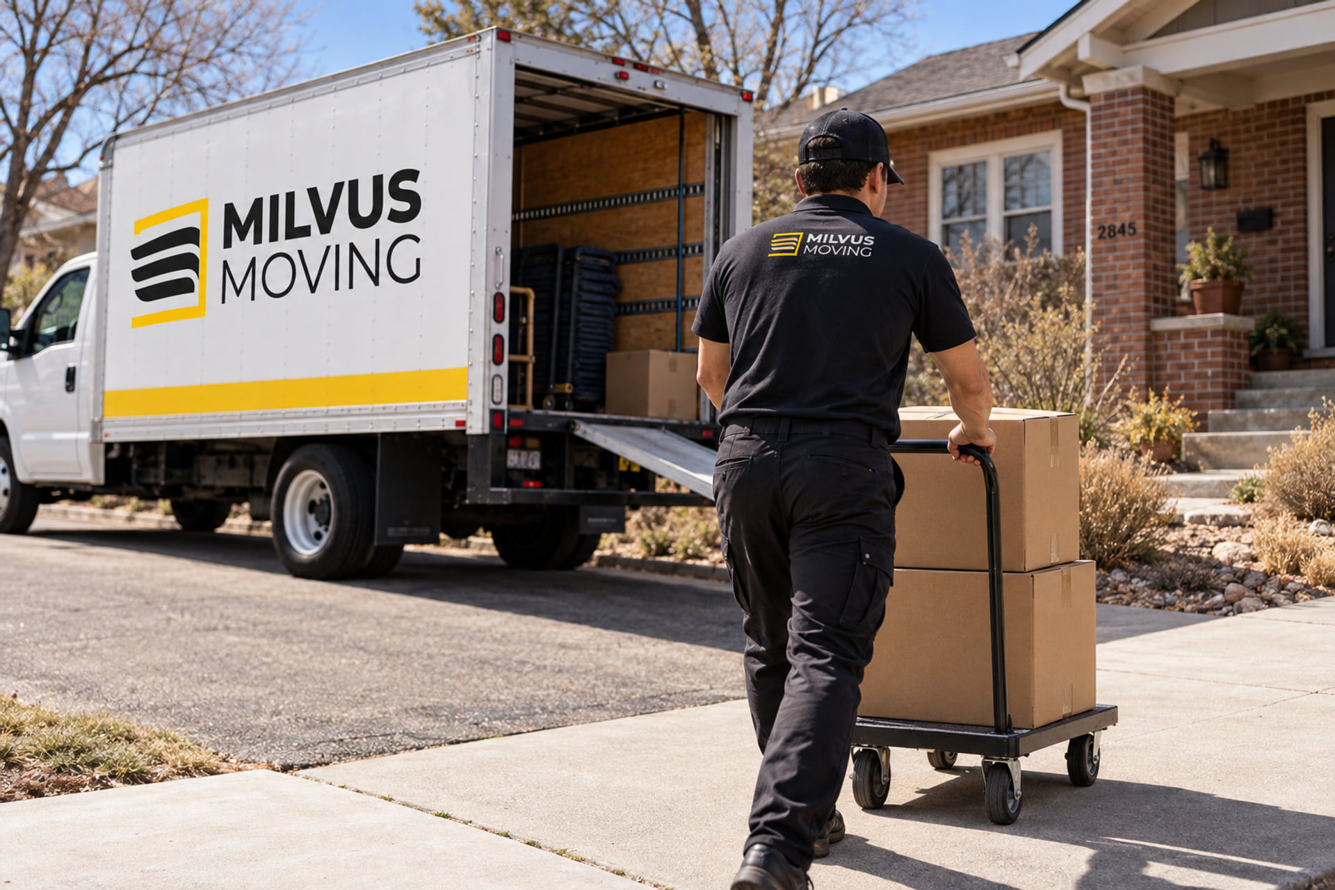 Mover wheeling cartons toward a brick home beside a Milvus truck